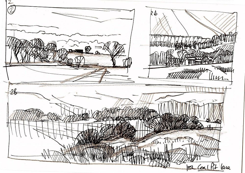 A black and white drawing of a landscape with trees and a bridge.