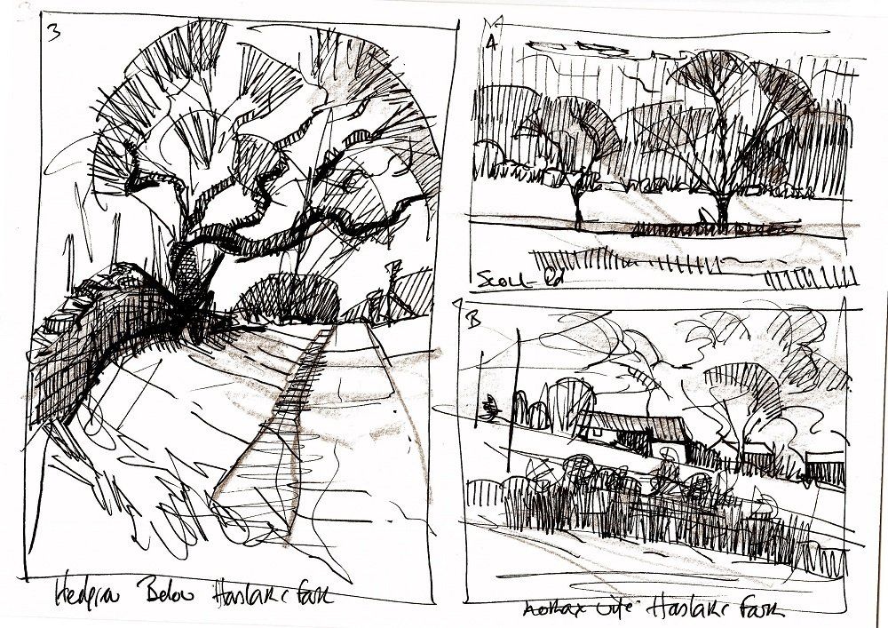 A black and white drawing of a tree and a landscape.