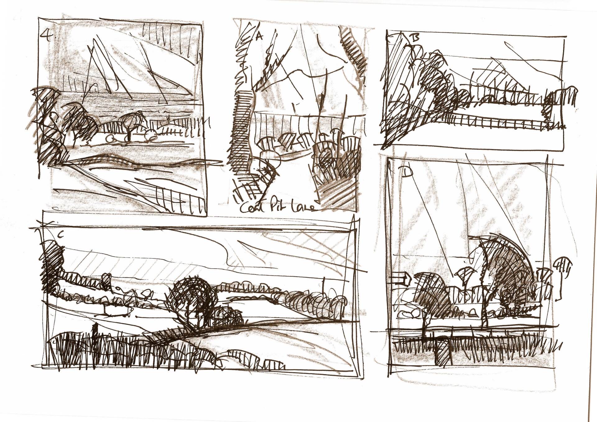 A set of four drawings of a landscape on a white background.