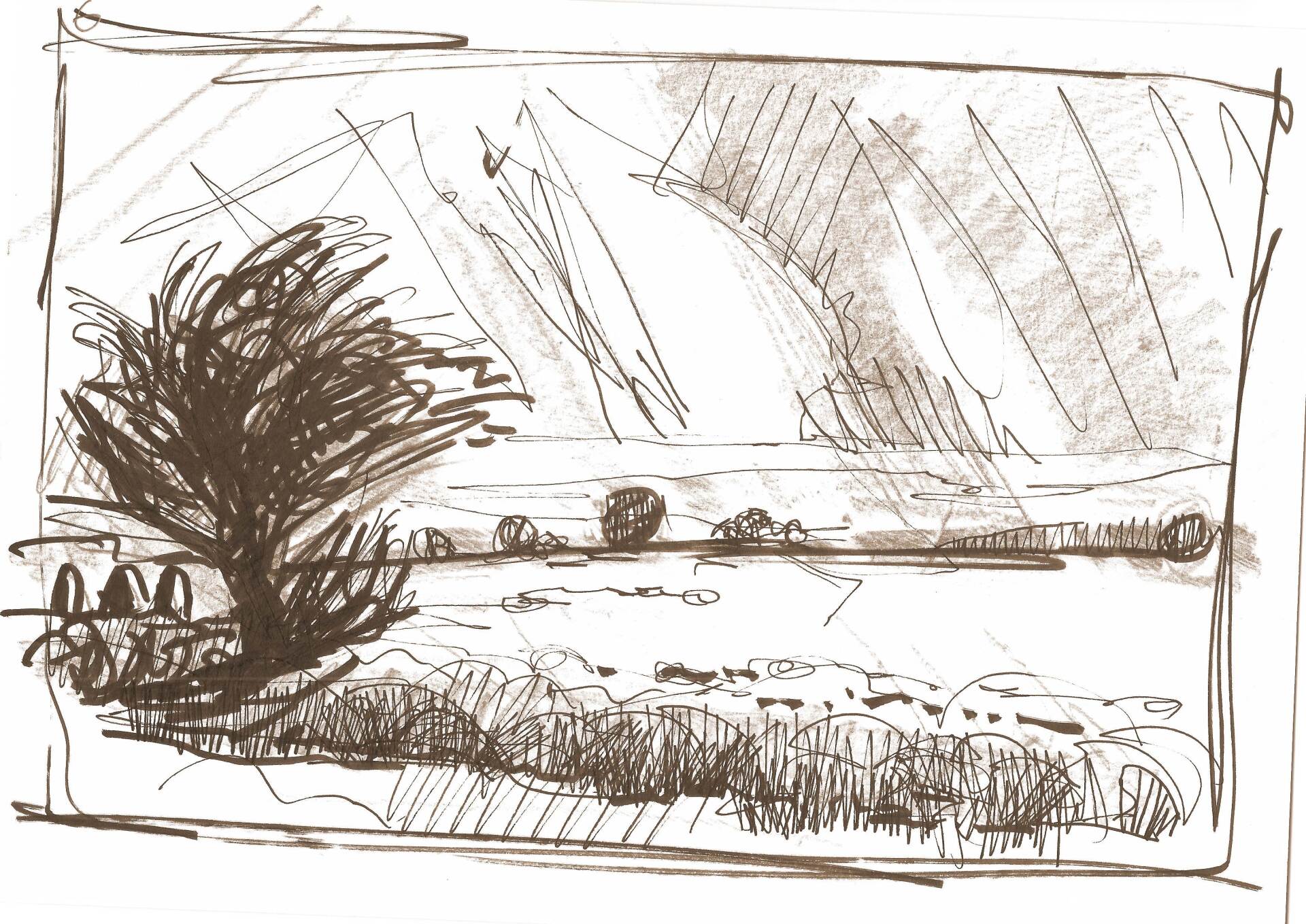 A pencil drawing of a landscape with a tree in the foreground