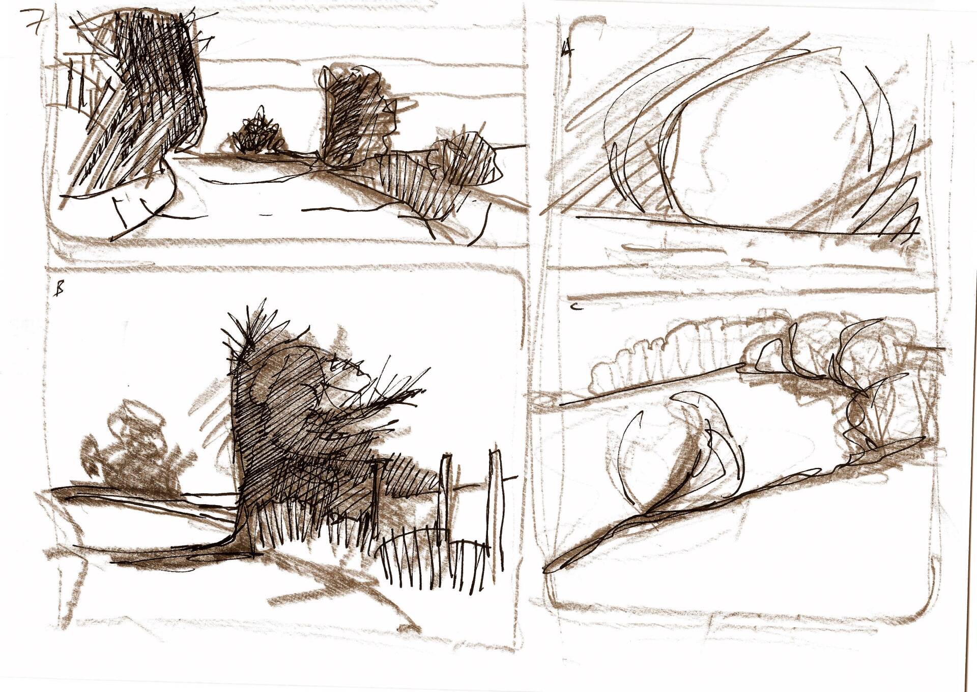 A set of four drawings of a landscape with trees and a bridge.