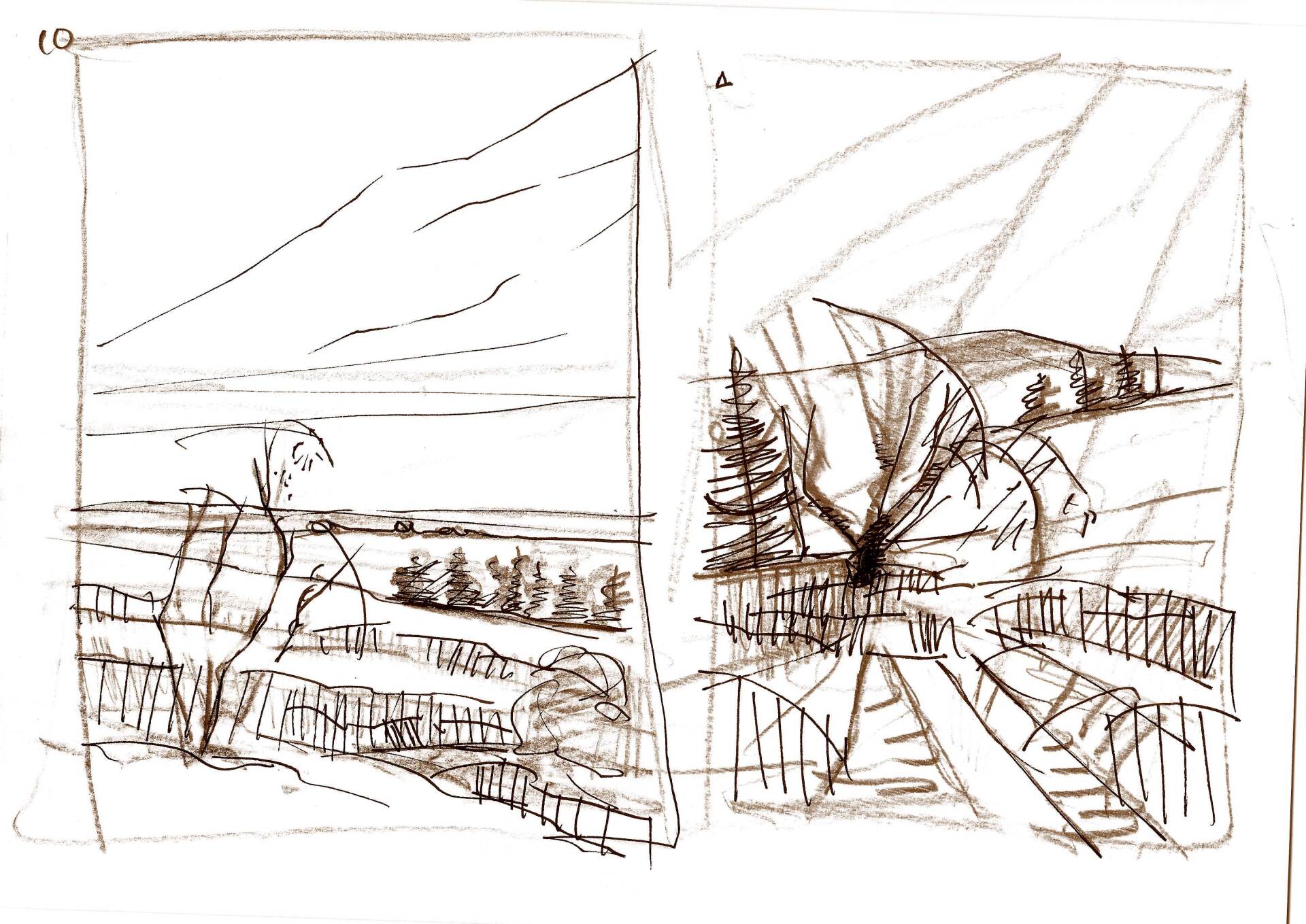 A black and white drawing of a landscape with trees and a fence