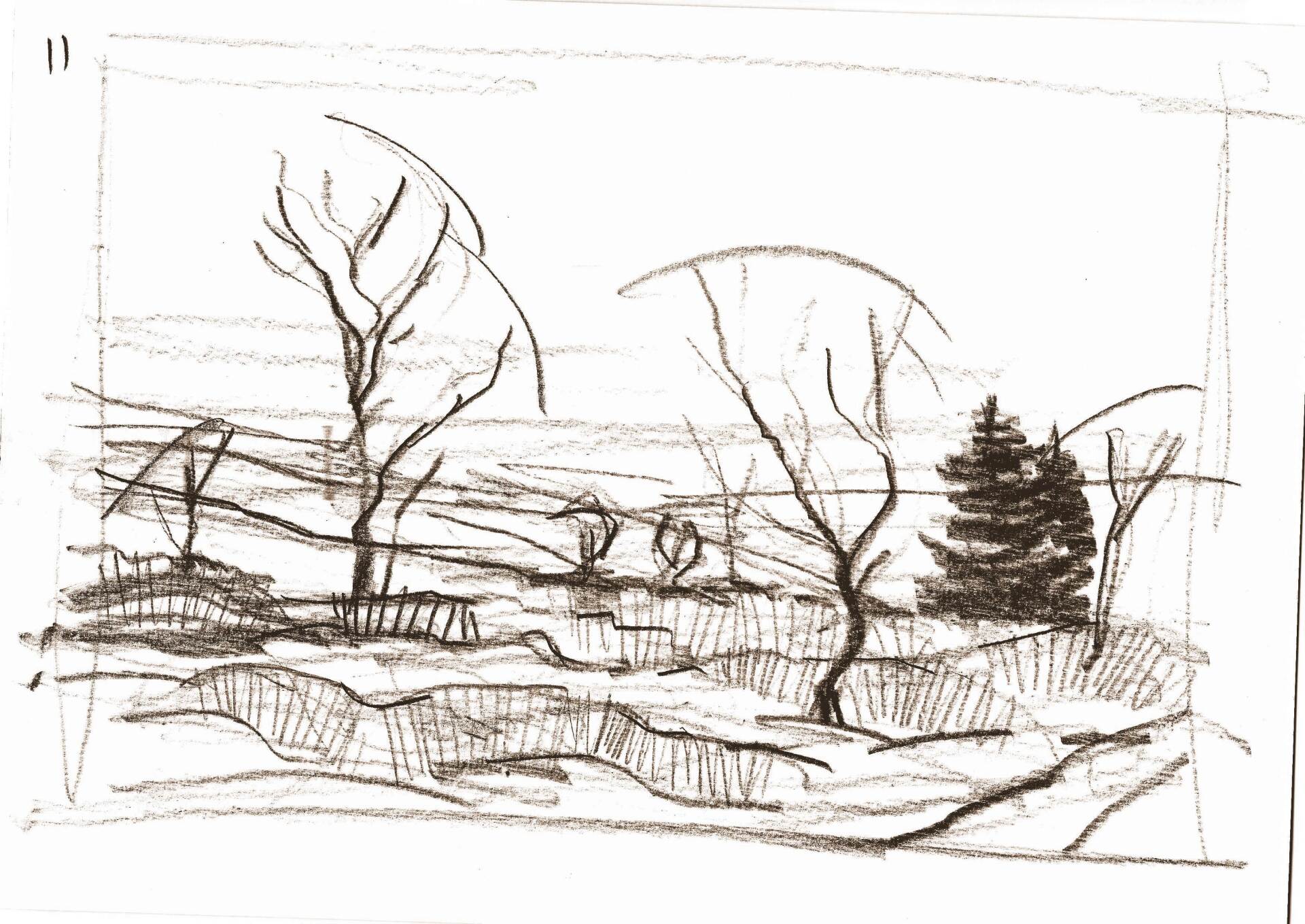 A black and white drawing of a landscape with trees in the foreground.