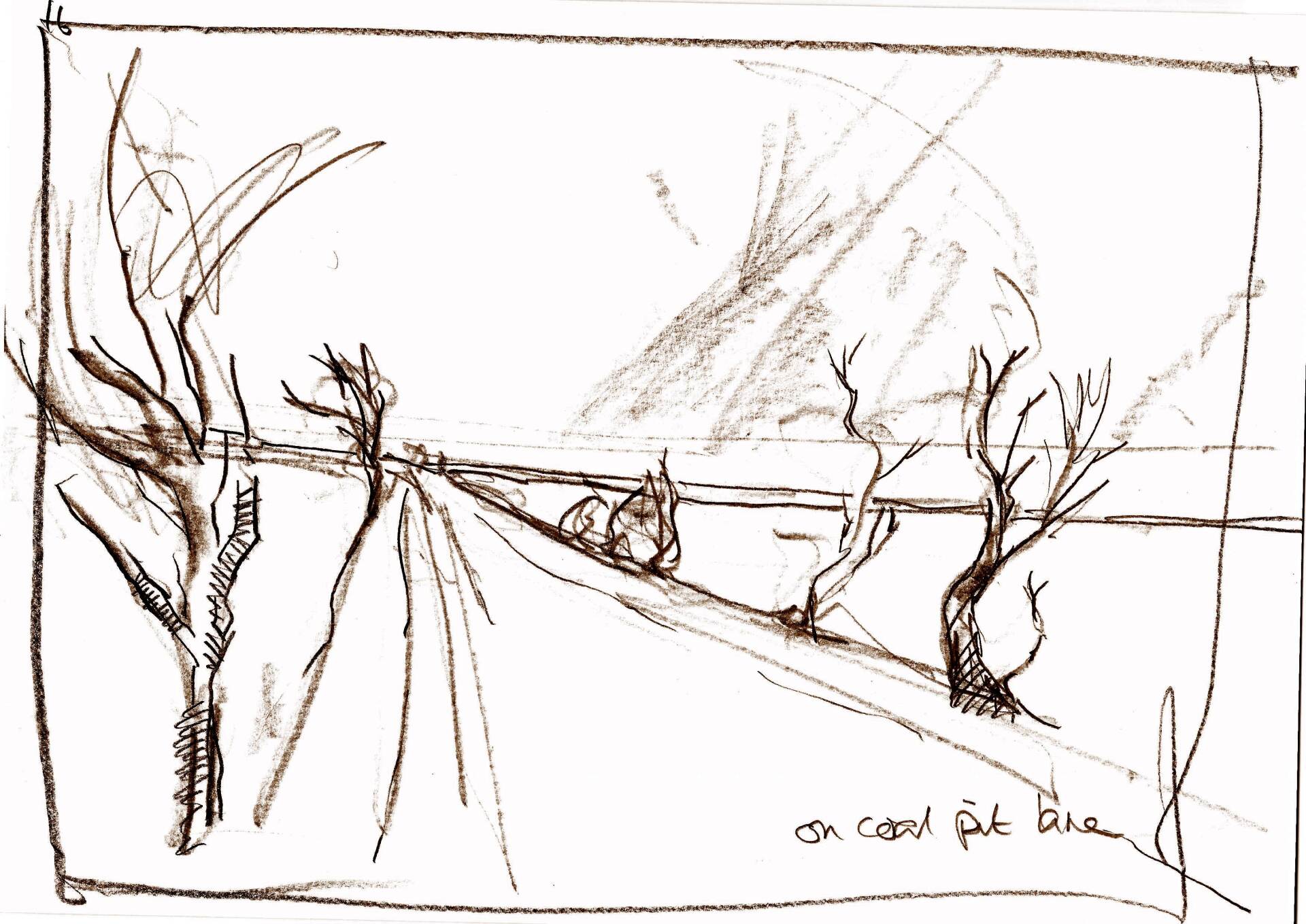 A black and white drawing of a road with trees on the side