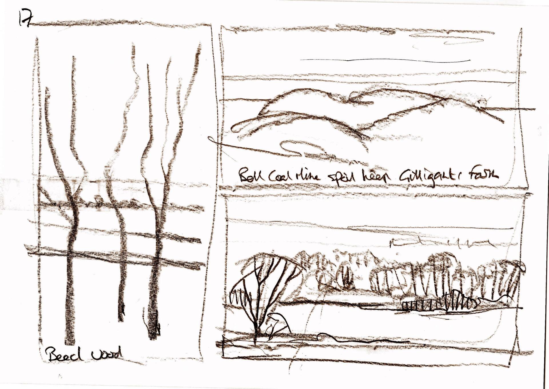 A black and white drawing of trees and a landscape
