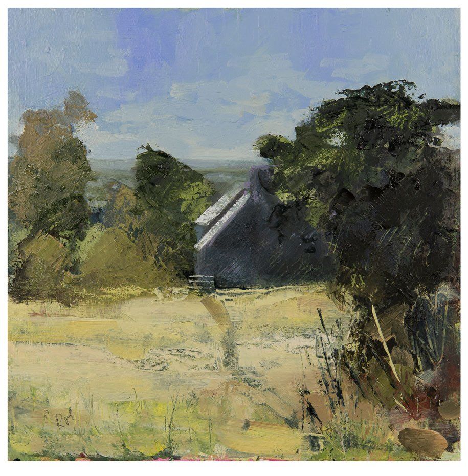 A painting of a house in the middle of a field