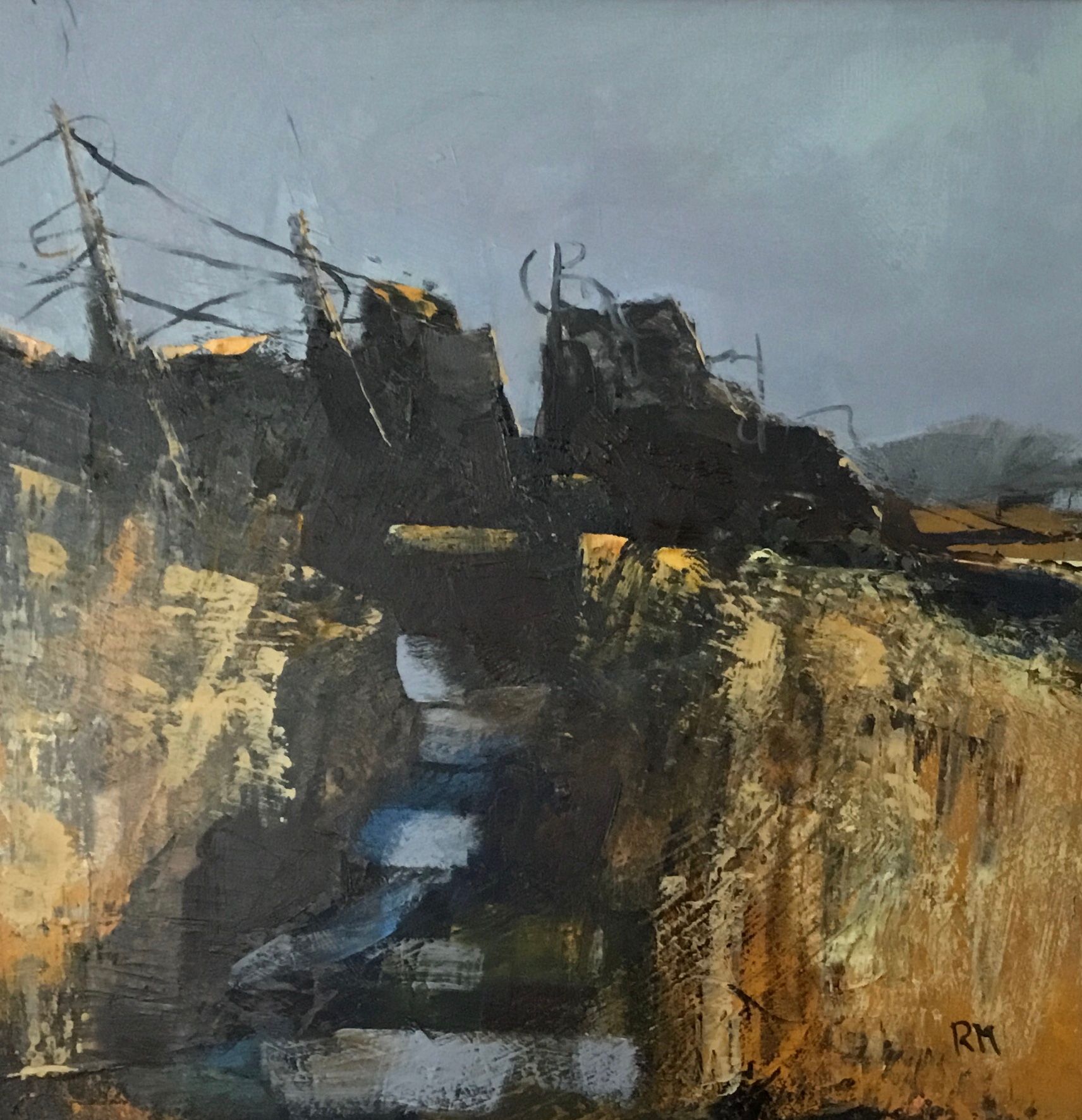 A painting of a cliff with the letters rm on the bottom