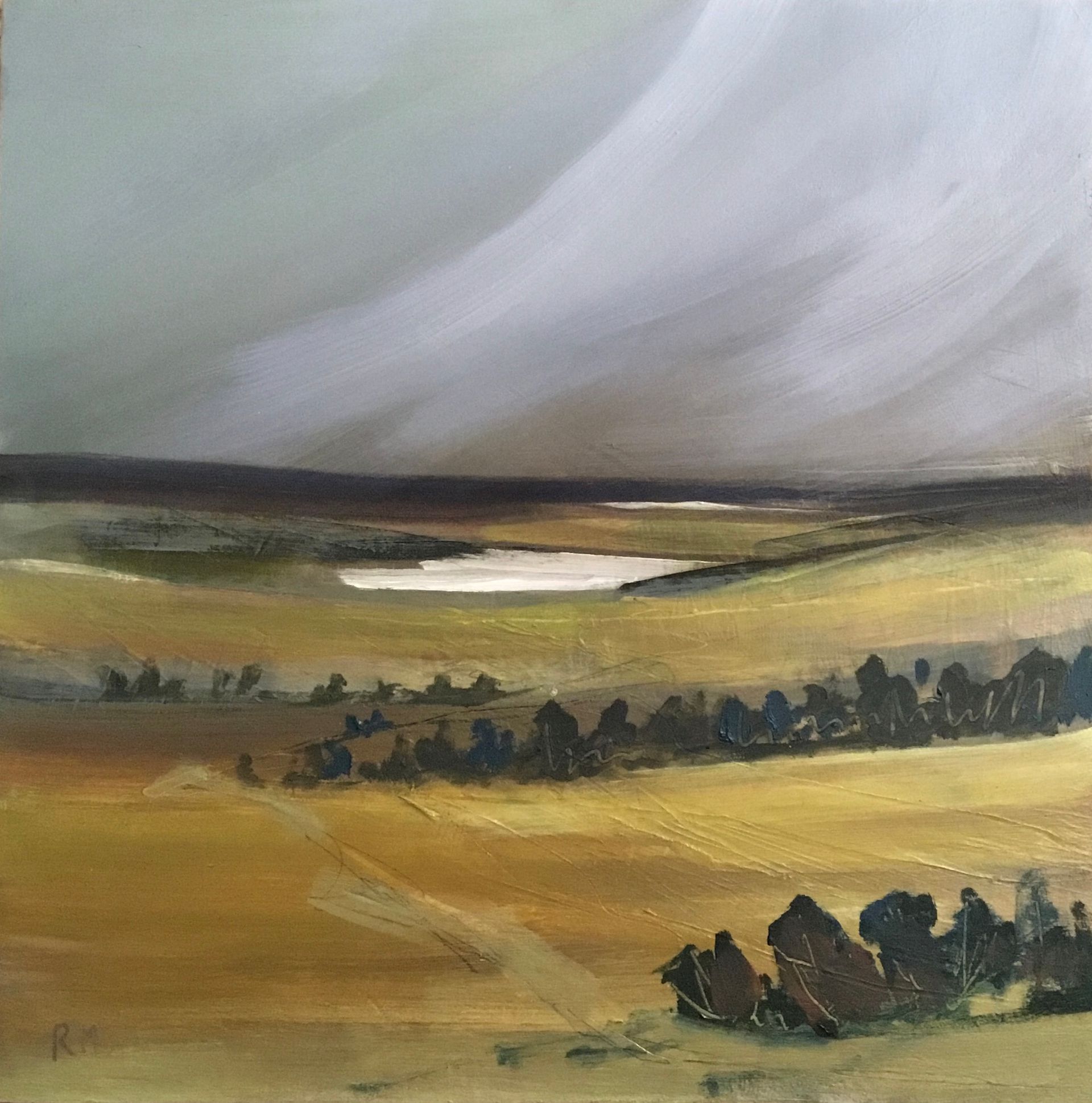 A painting of a field with trees and a lake in the distance.