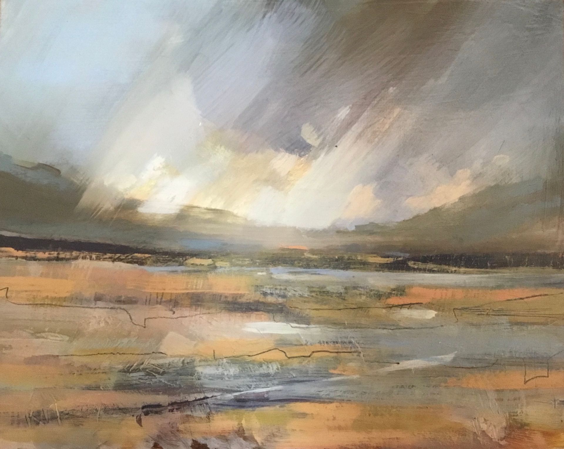 A painting of a landscape with a lake and mountains in the background.