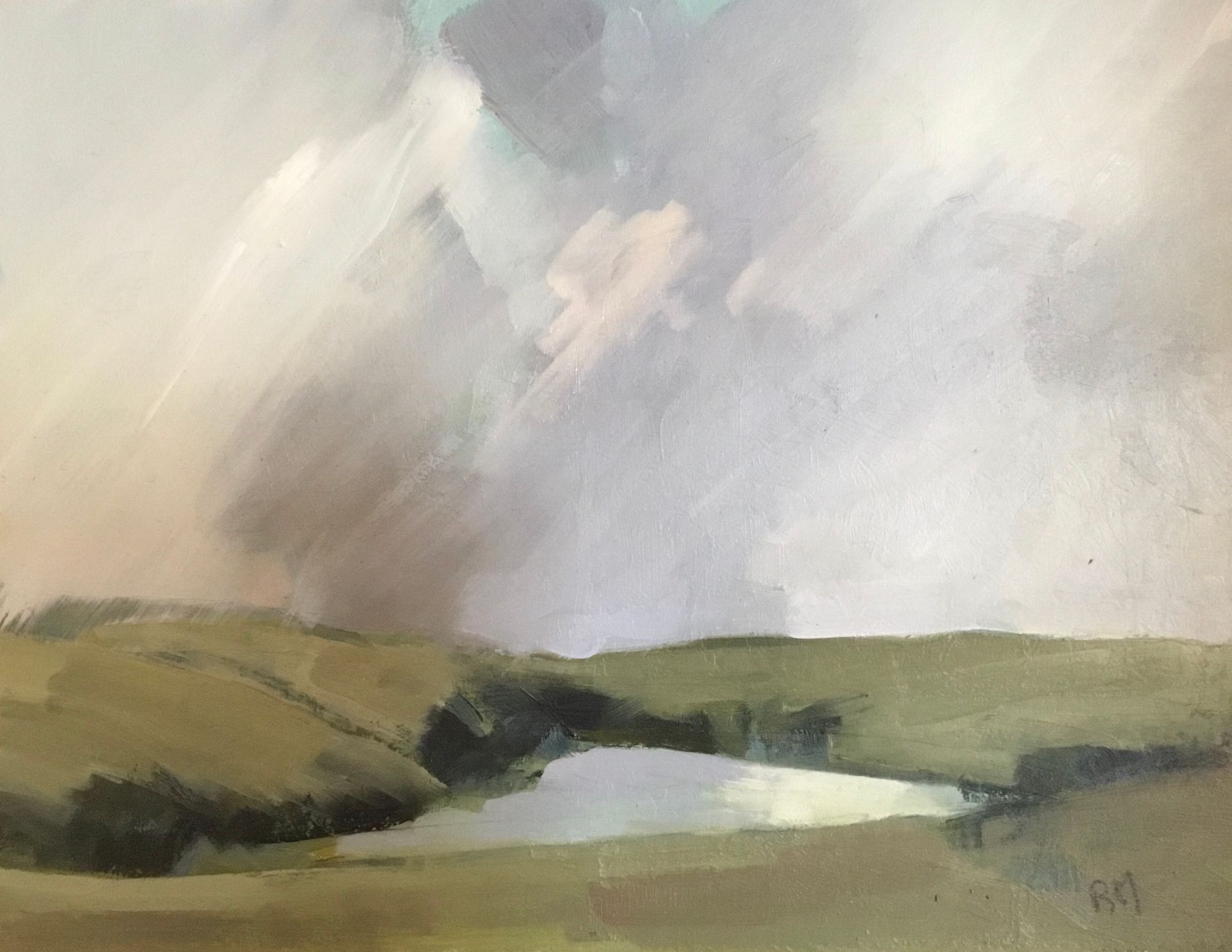 A watercolor painting of a landscape with a lake and clouds in the sky.