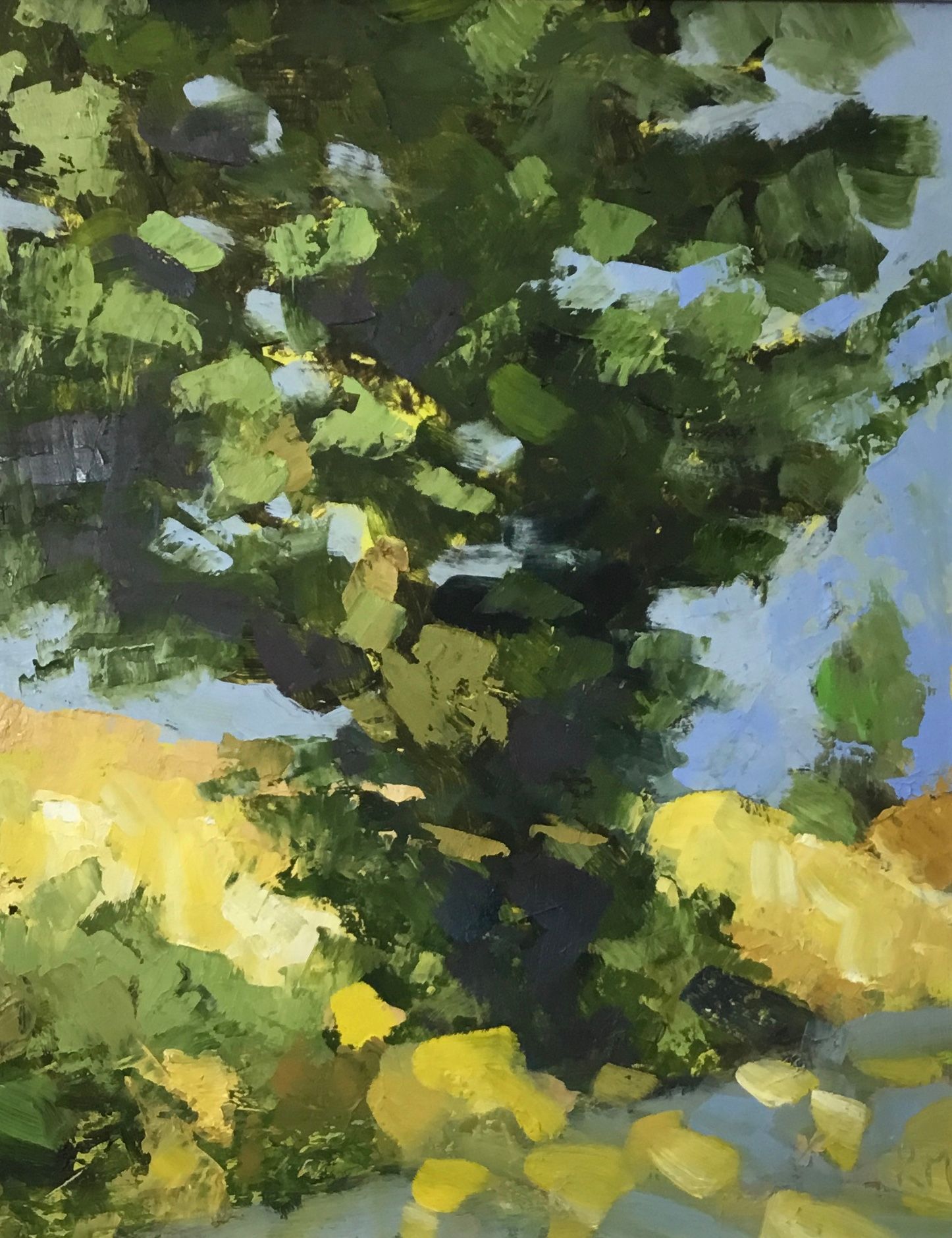 A painting of a tree with yellow leaves and green leaves