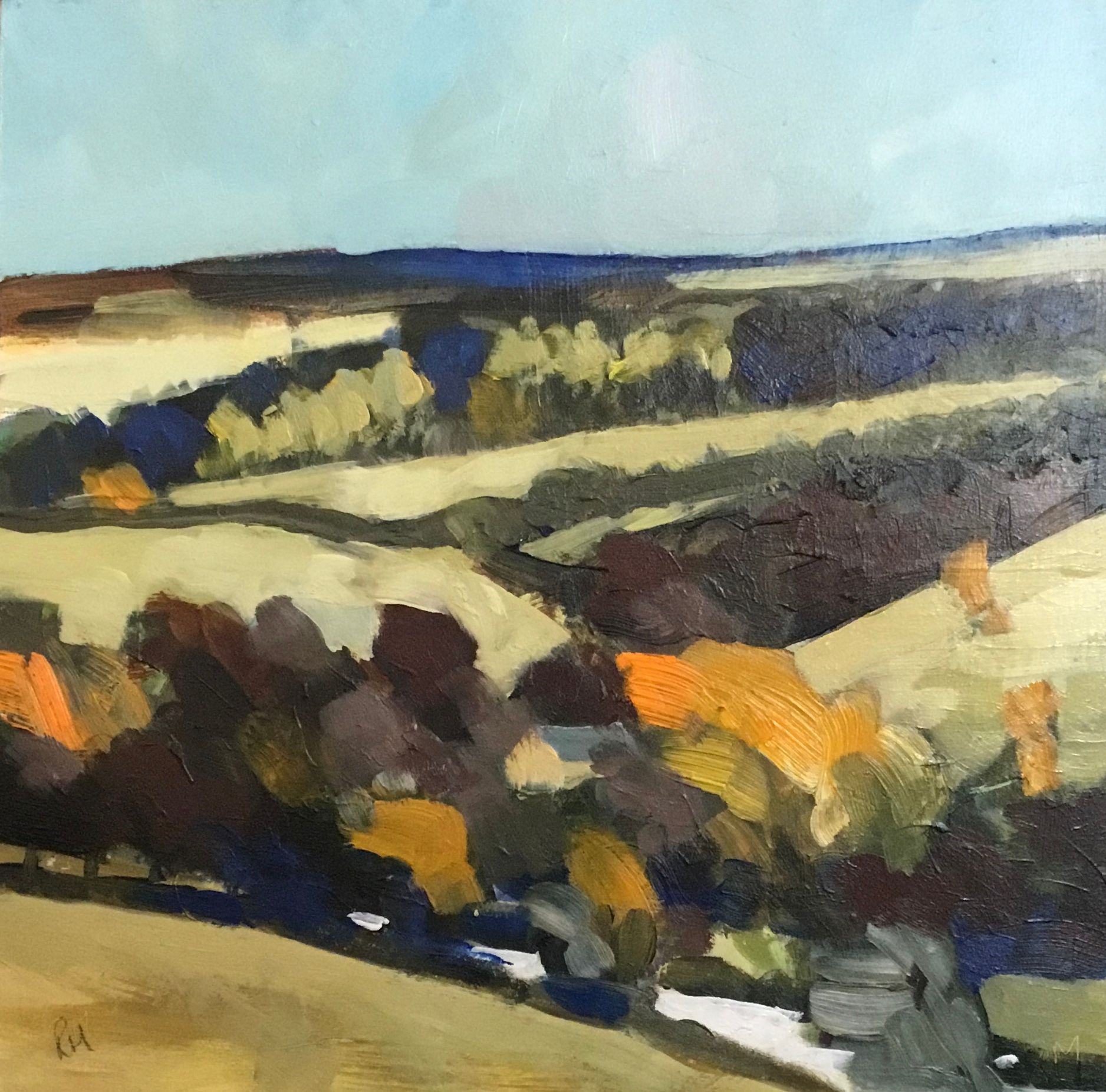A painting of a landscape with trees and hills