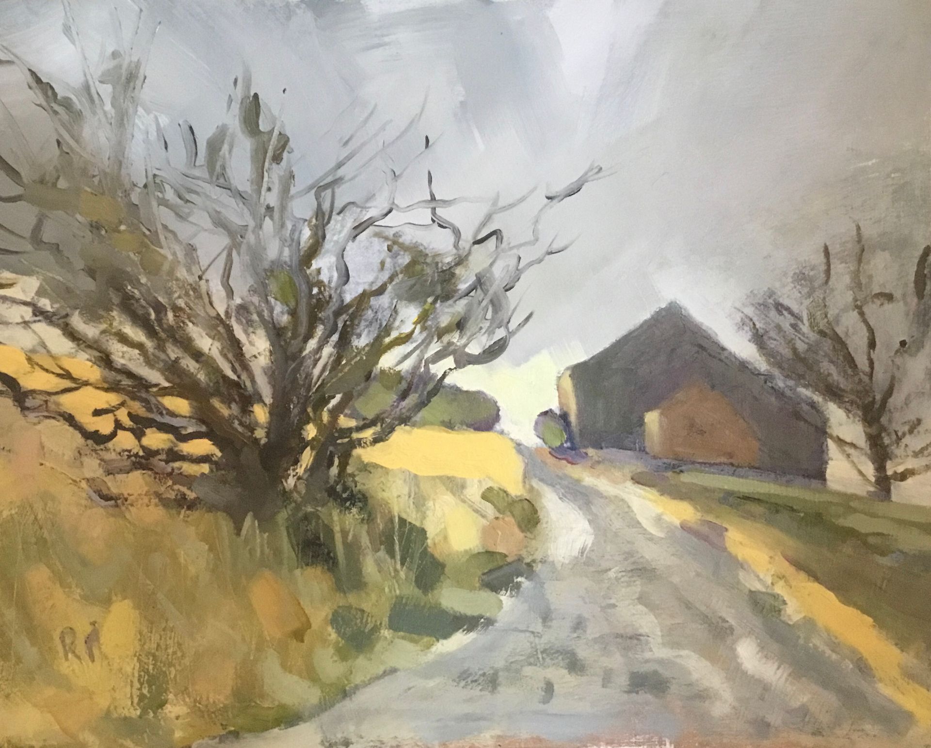 It is a painting of a road going through a field with trees and buildings.