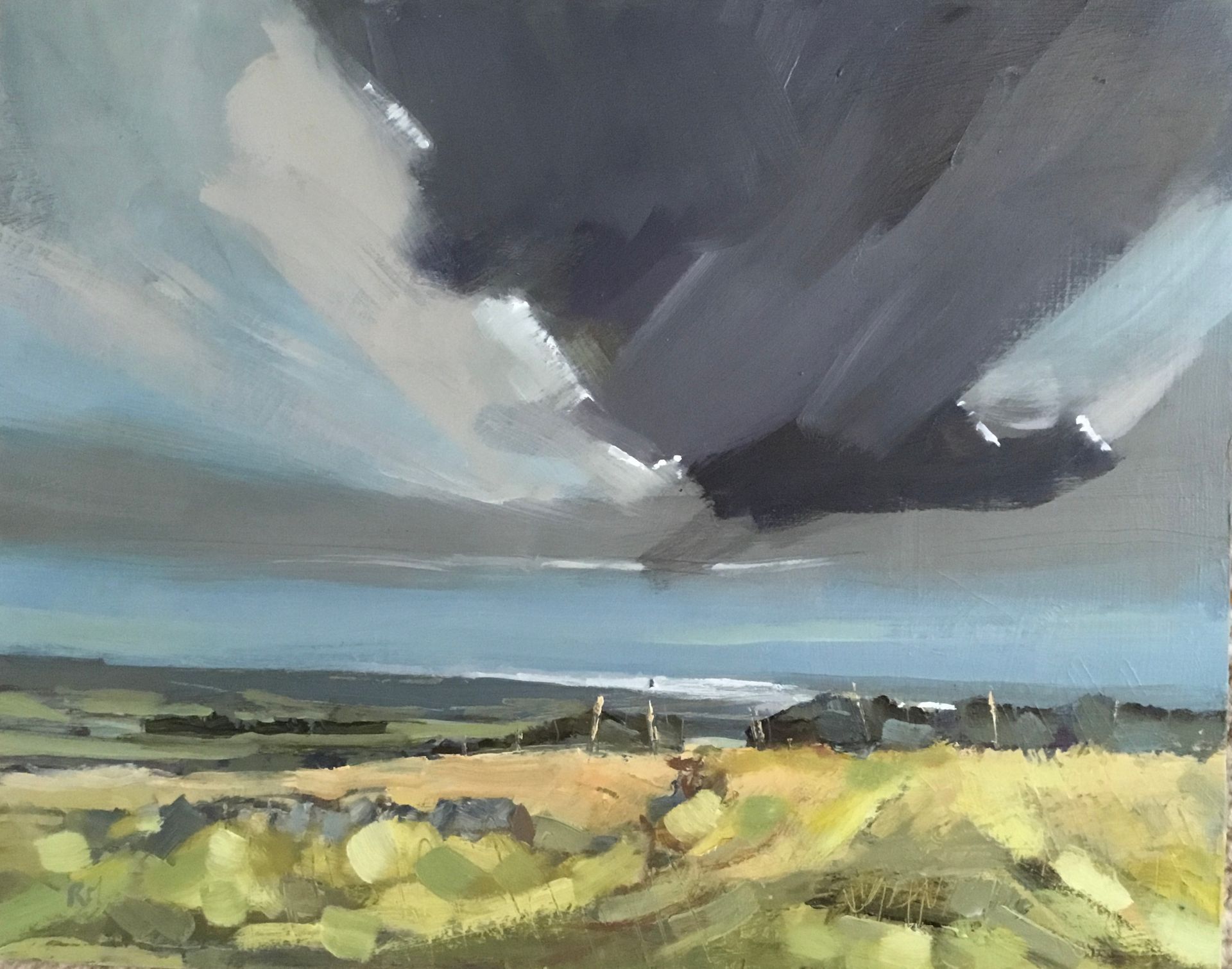 It is a painting of a cloudy sky over a field.