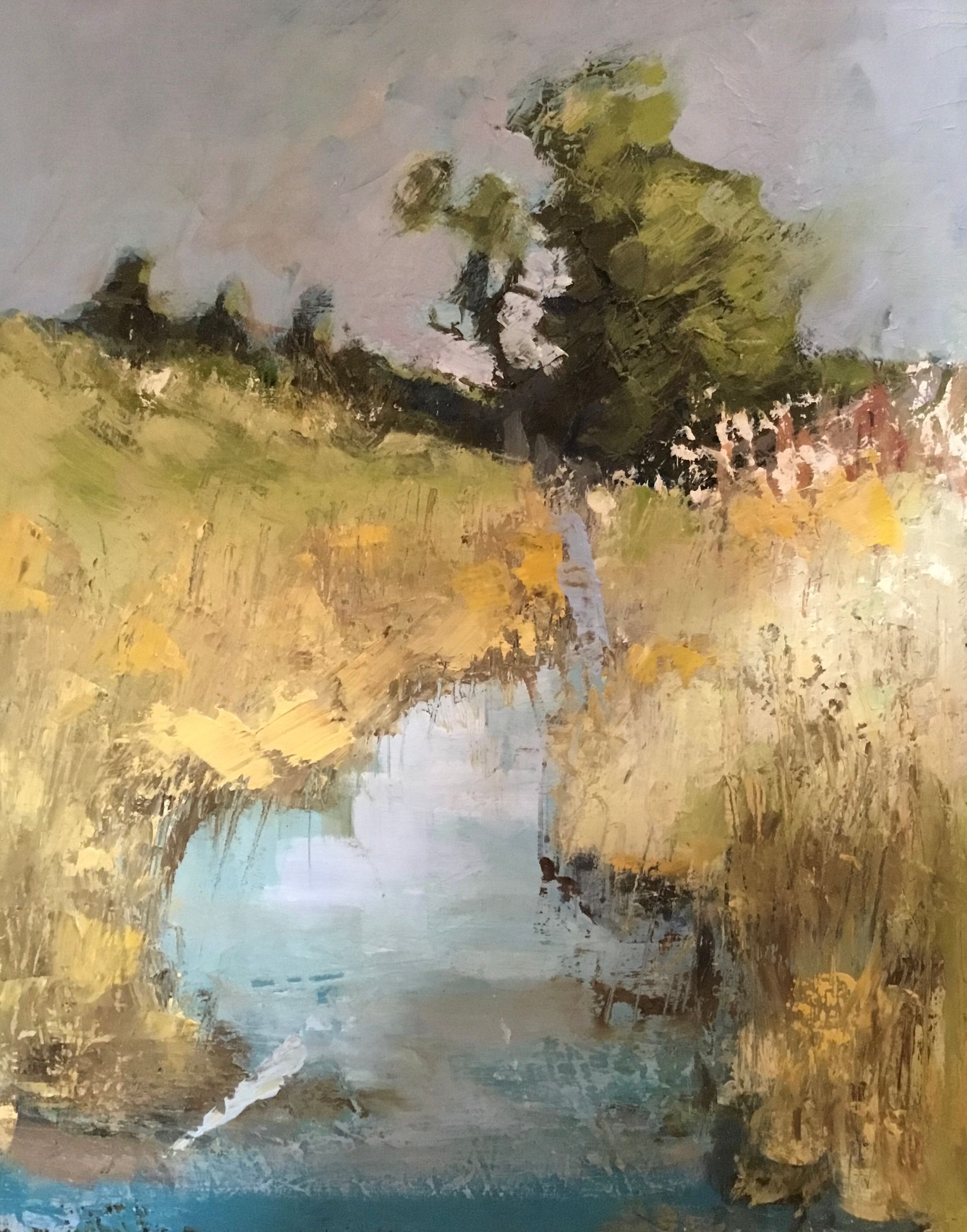 A close up of a painting of a river with trees in the background.