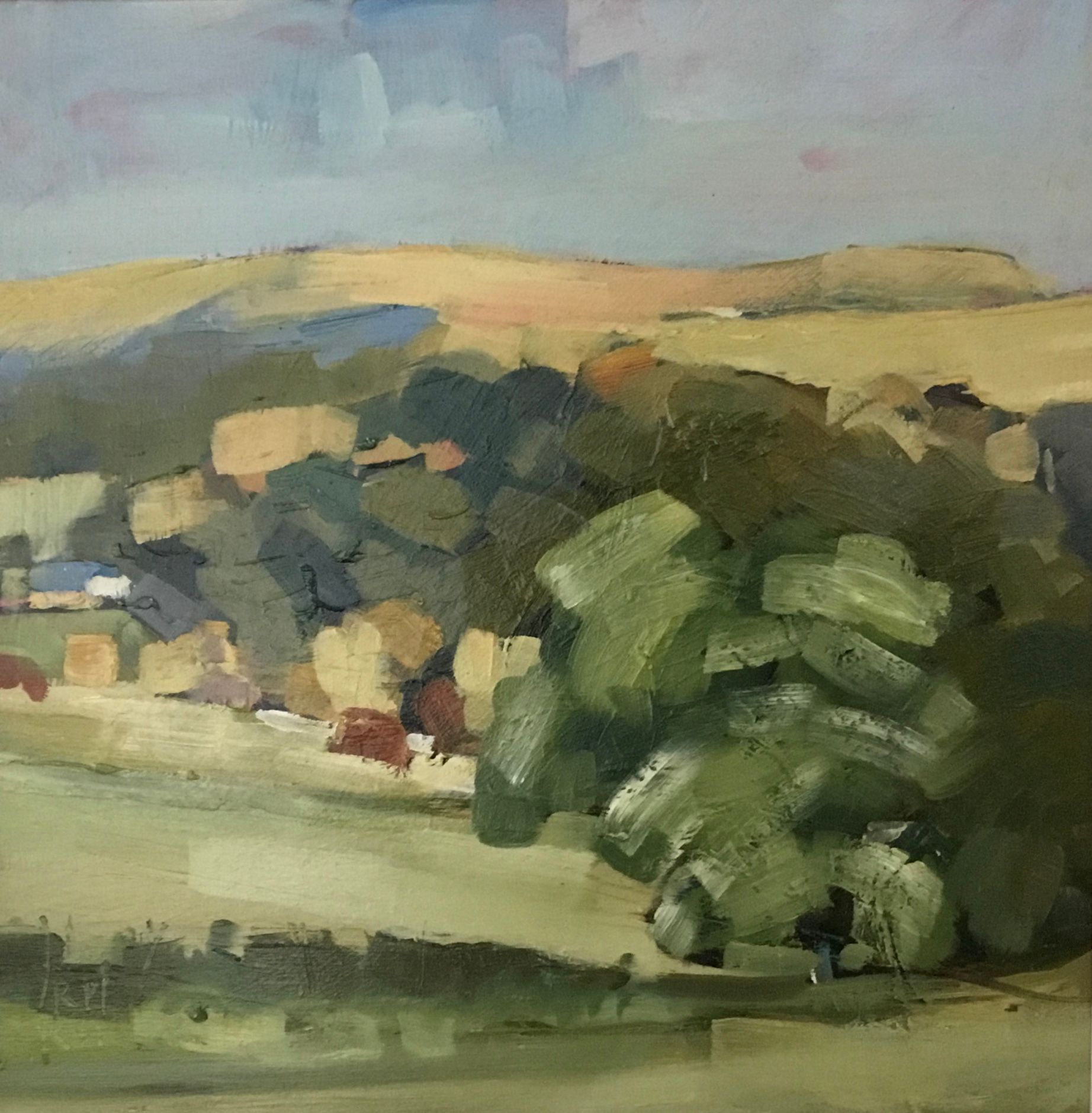 A painting of a landscape with trees and hills