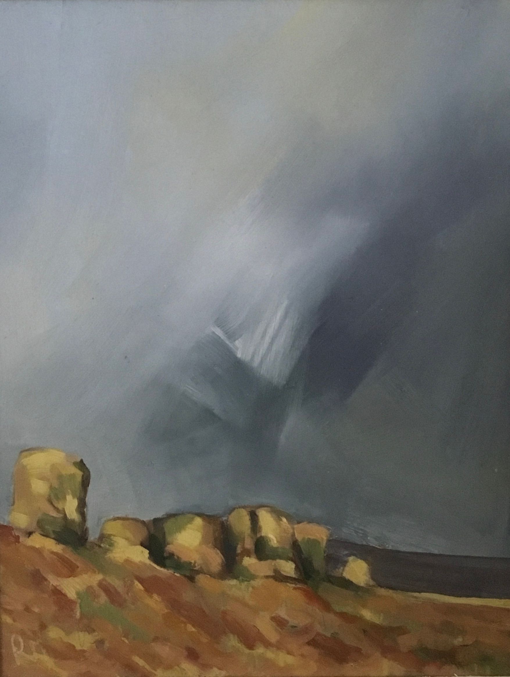 A painting of a rocky landscape with a cloudy sky in the background.
