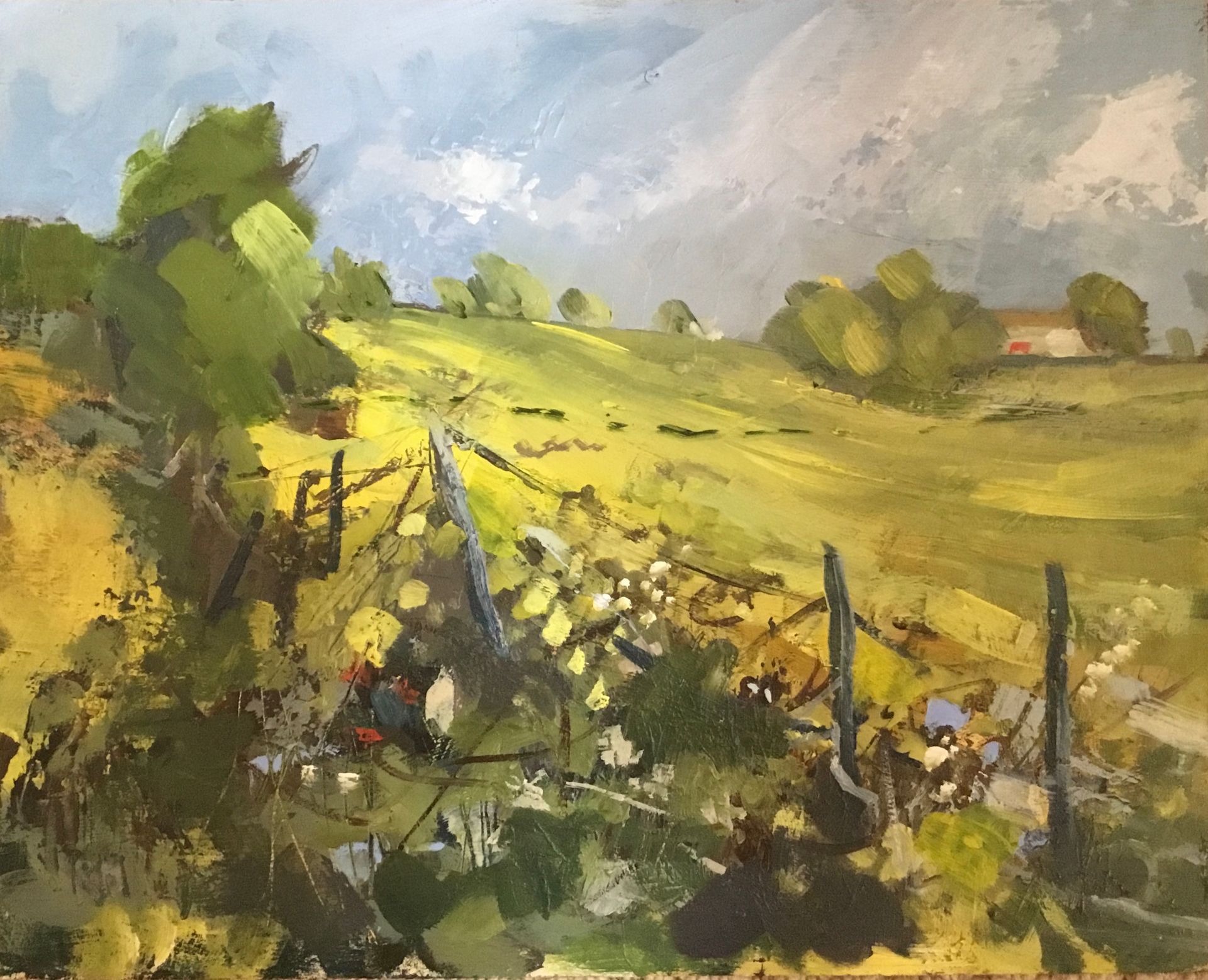 A painting of a field with a fence and trees in the background.