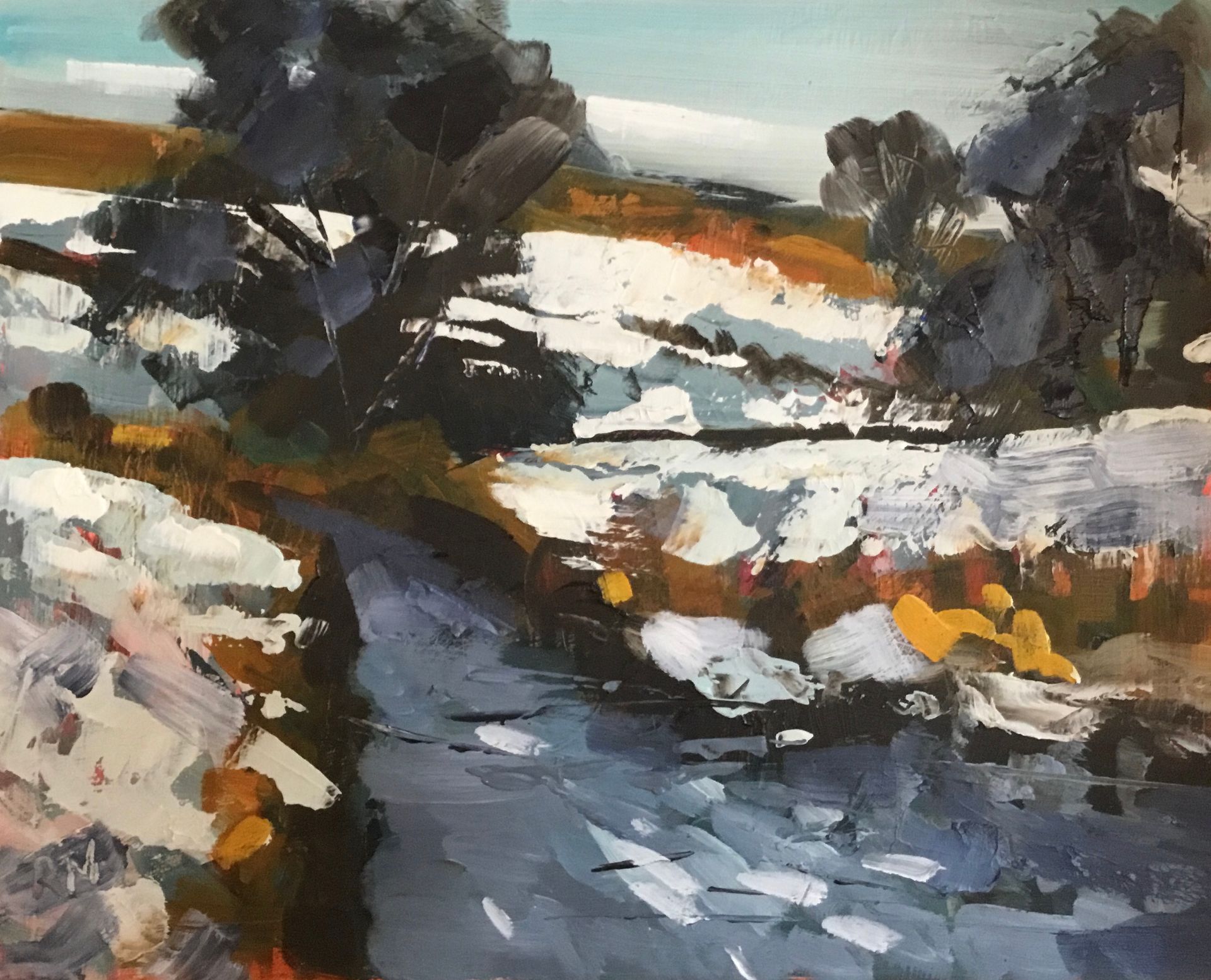 A painting of a river with trees in the background
