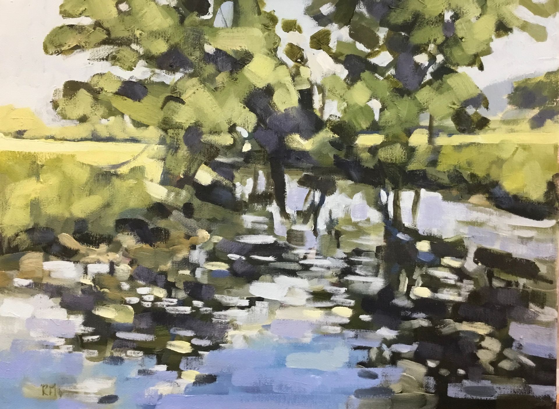 A painting of a river with trees in the foreground