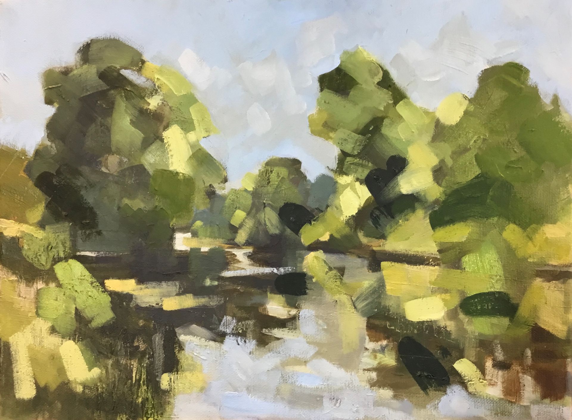 It is a painting of a river with trees in the background.