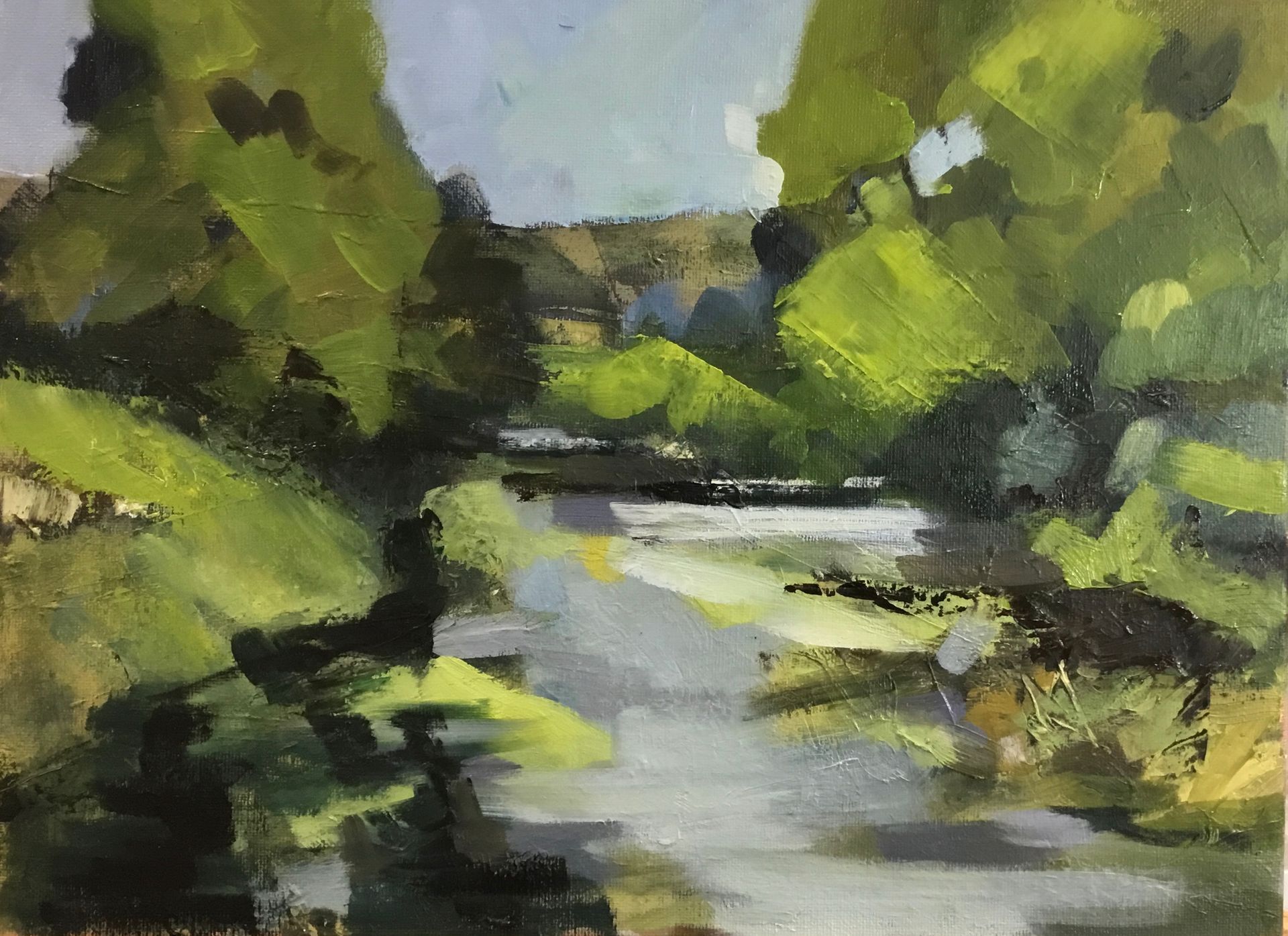 A painting of a river surrounded by trees and grass.