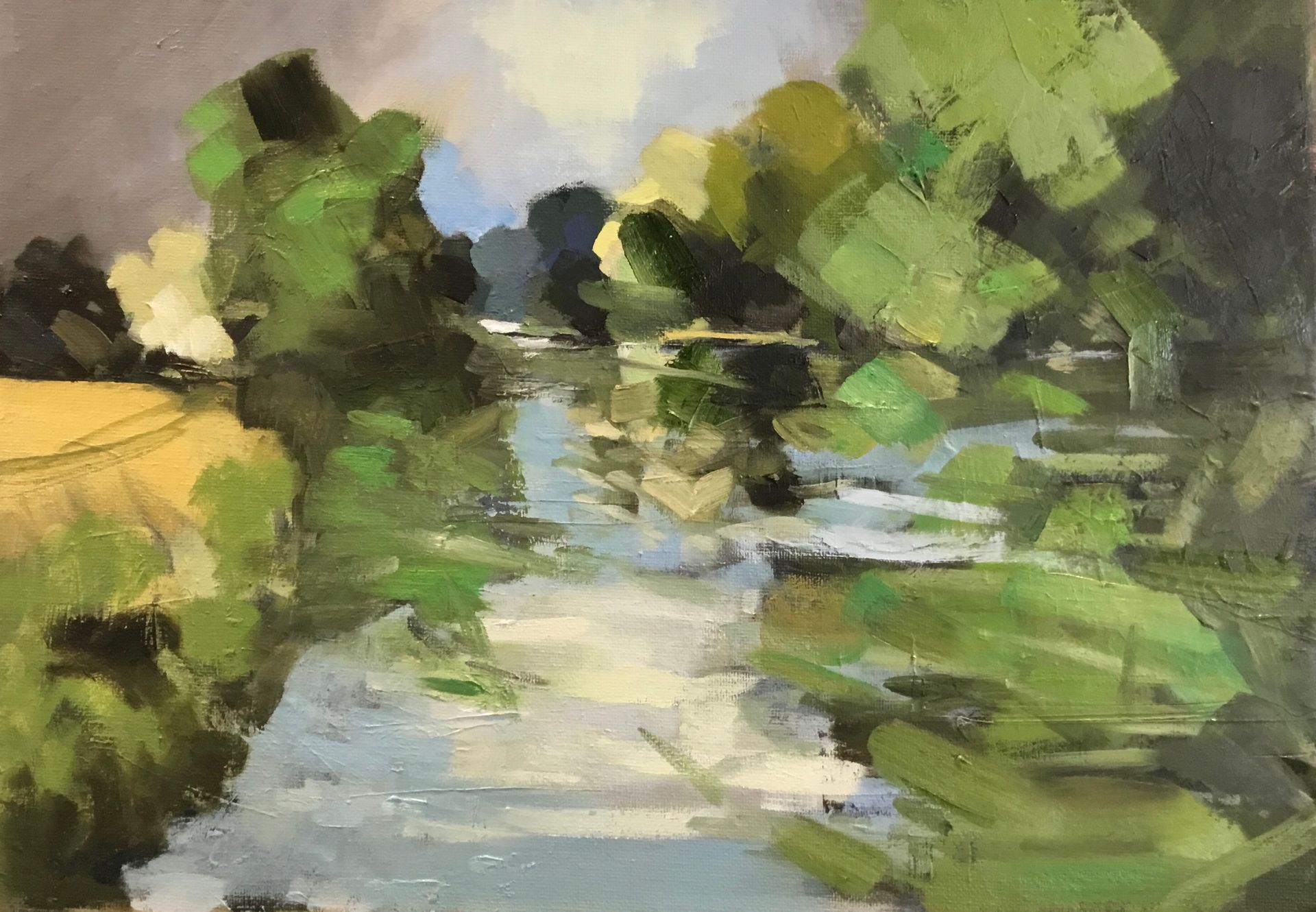 It is a painting of a river surrounded by trees.
