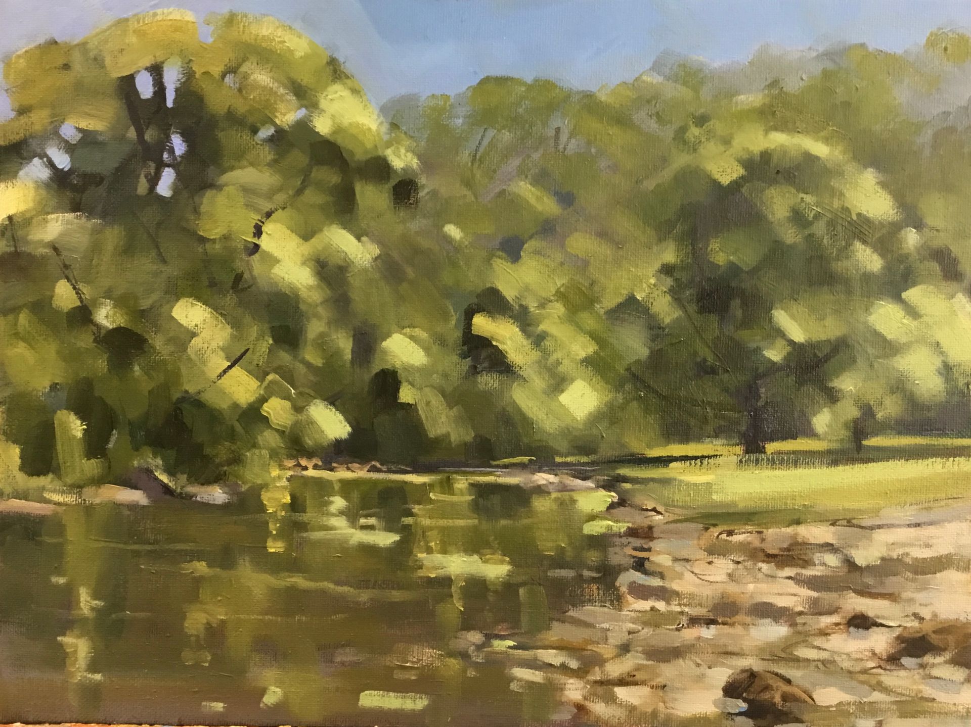 It is a painting of a river with trees in the background.
