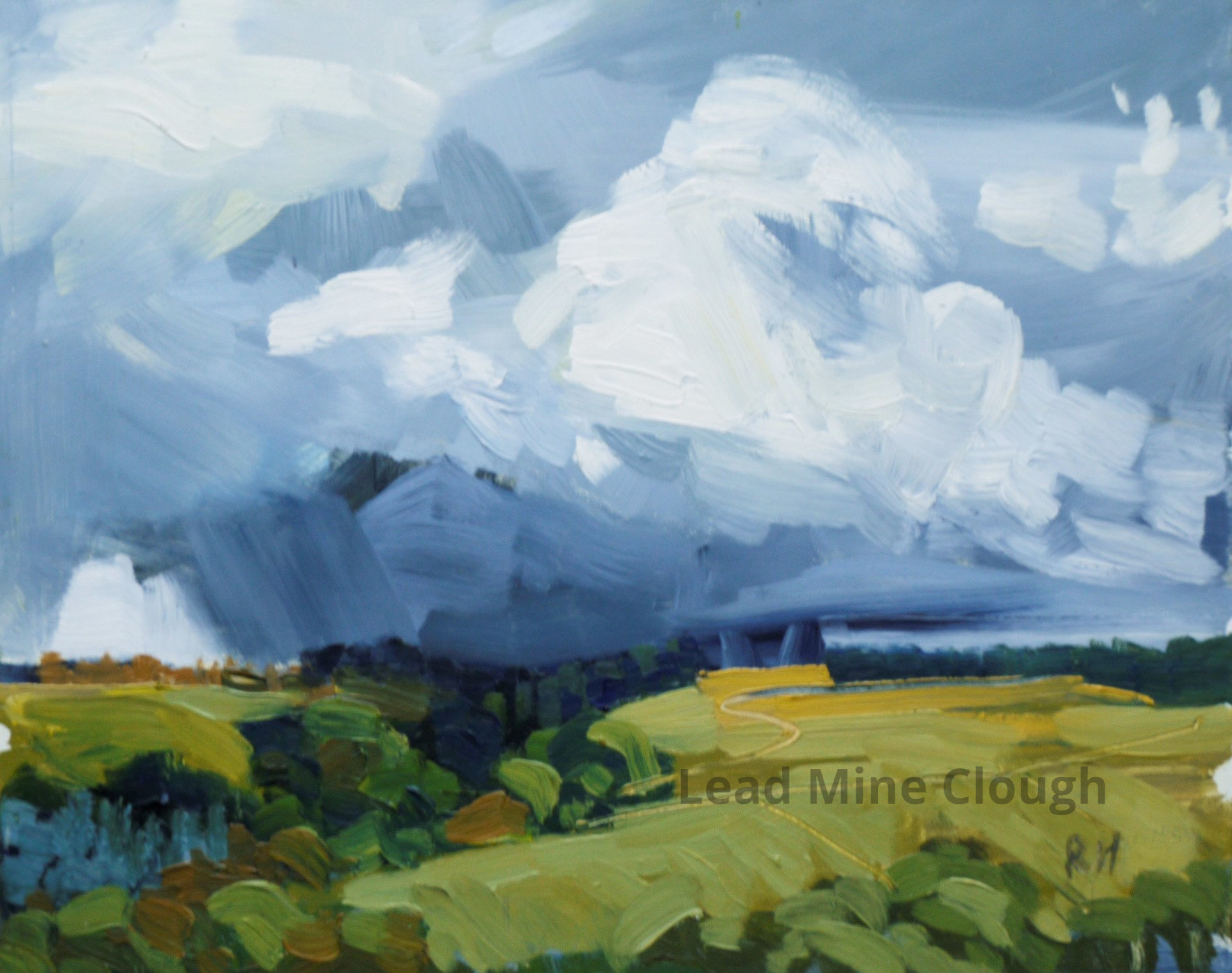 It is a painting of a cloudy sky over a field.