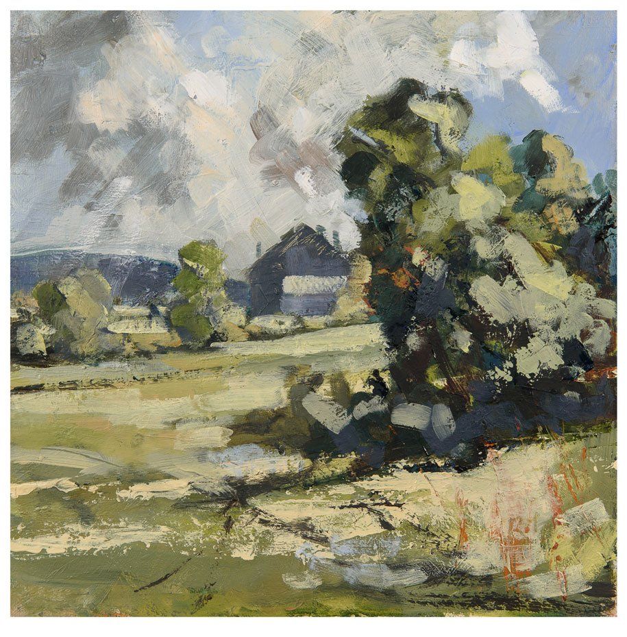 A painting of a field with trees and a barn in the background