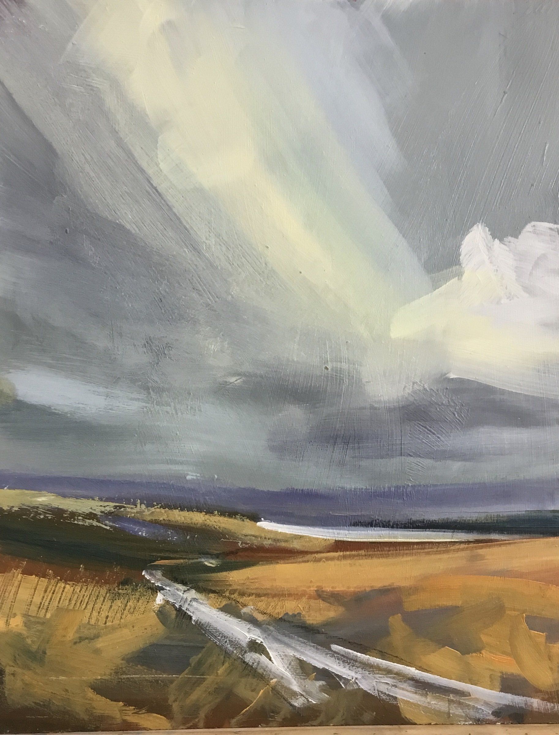 It is a painting of a cloudy sky over a field.