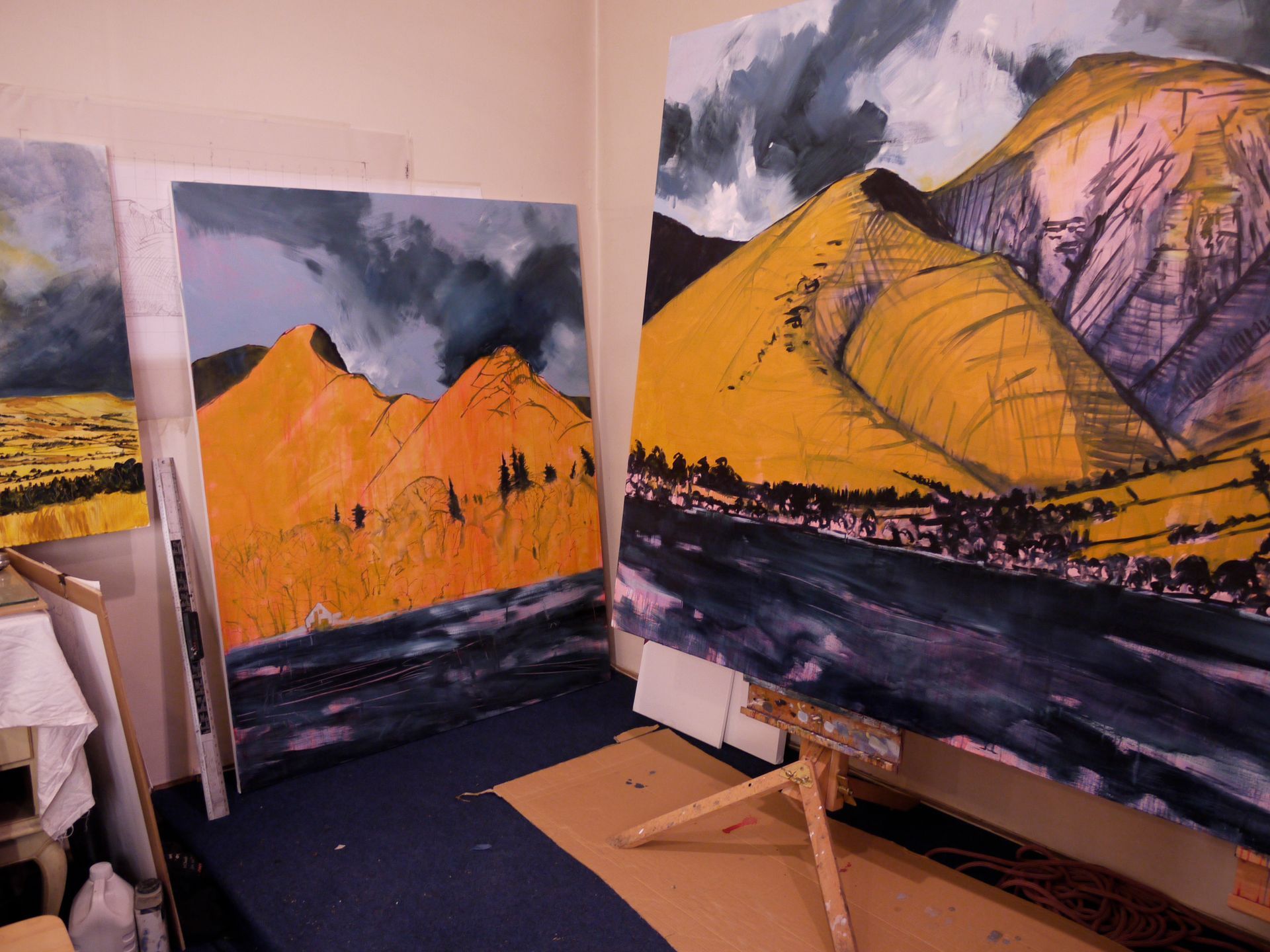 A painting of mountains and a river is hanging on a wall