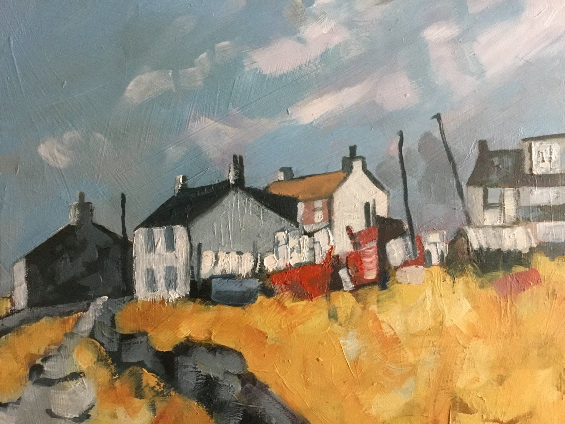 A painting of a row of houses in a field