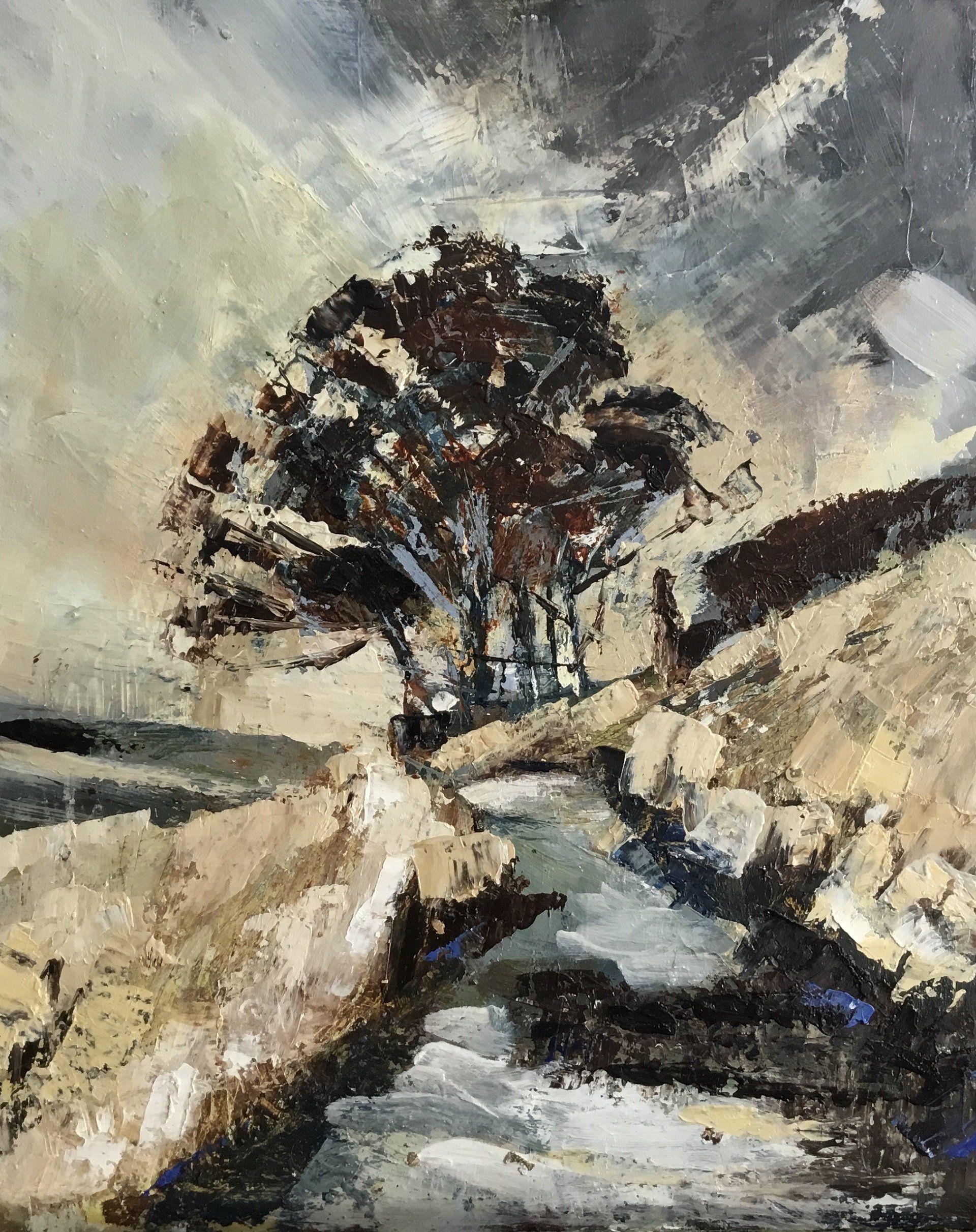 A painting of a tree in the middle of a river.