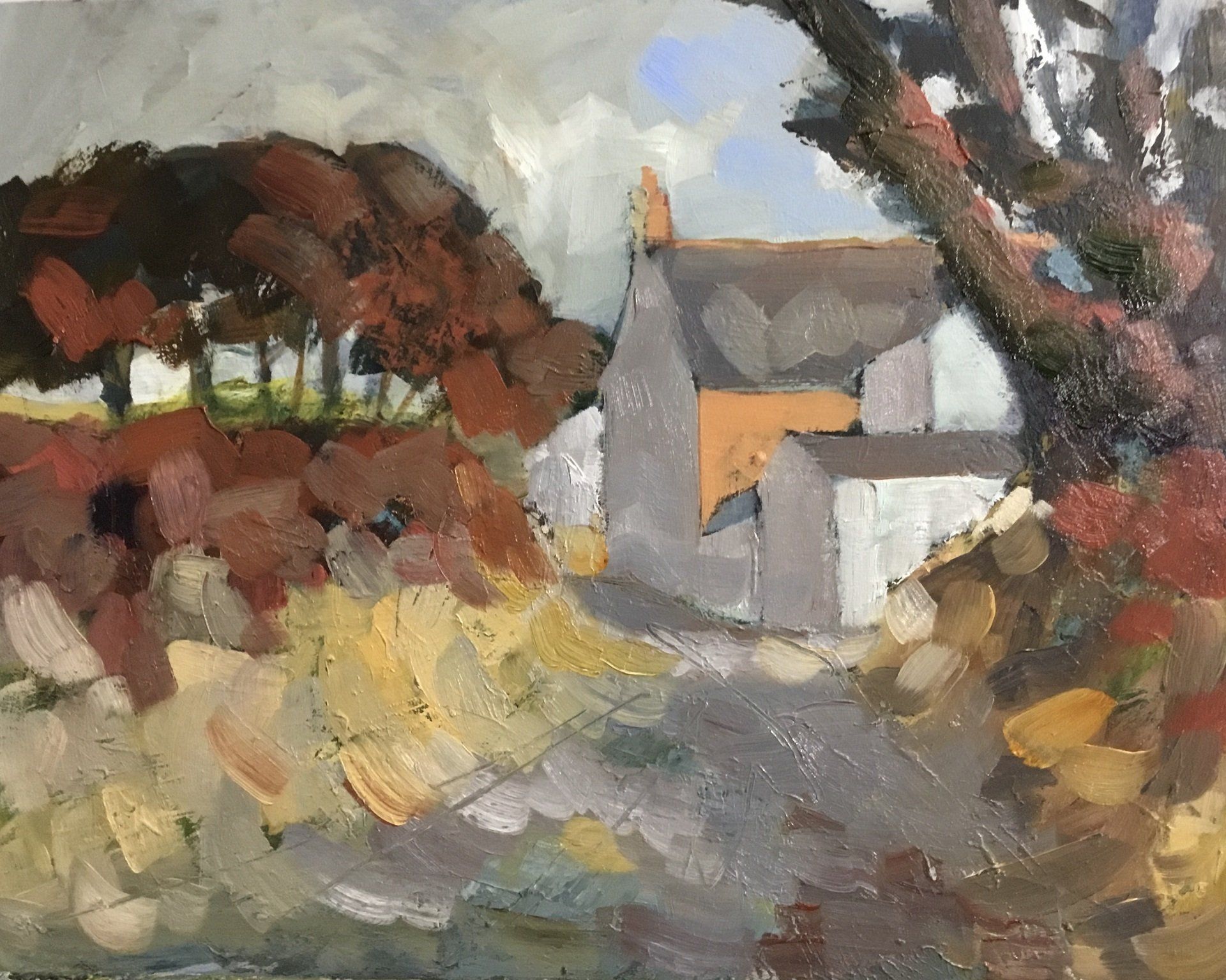 A painting of a house with trees in the background