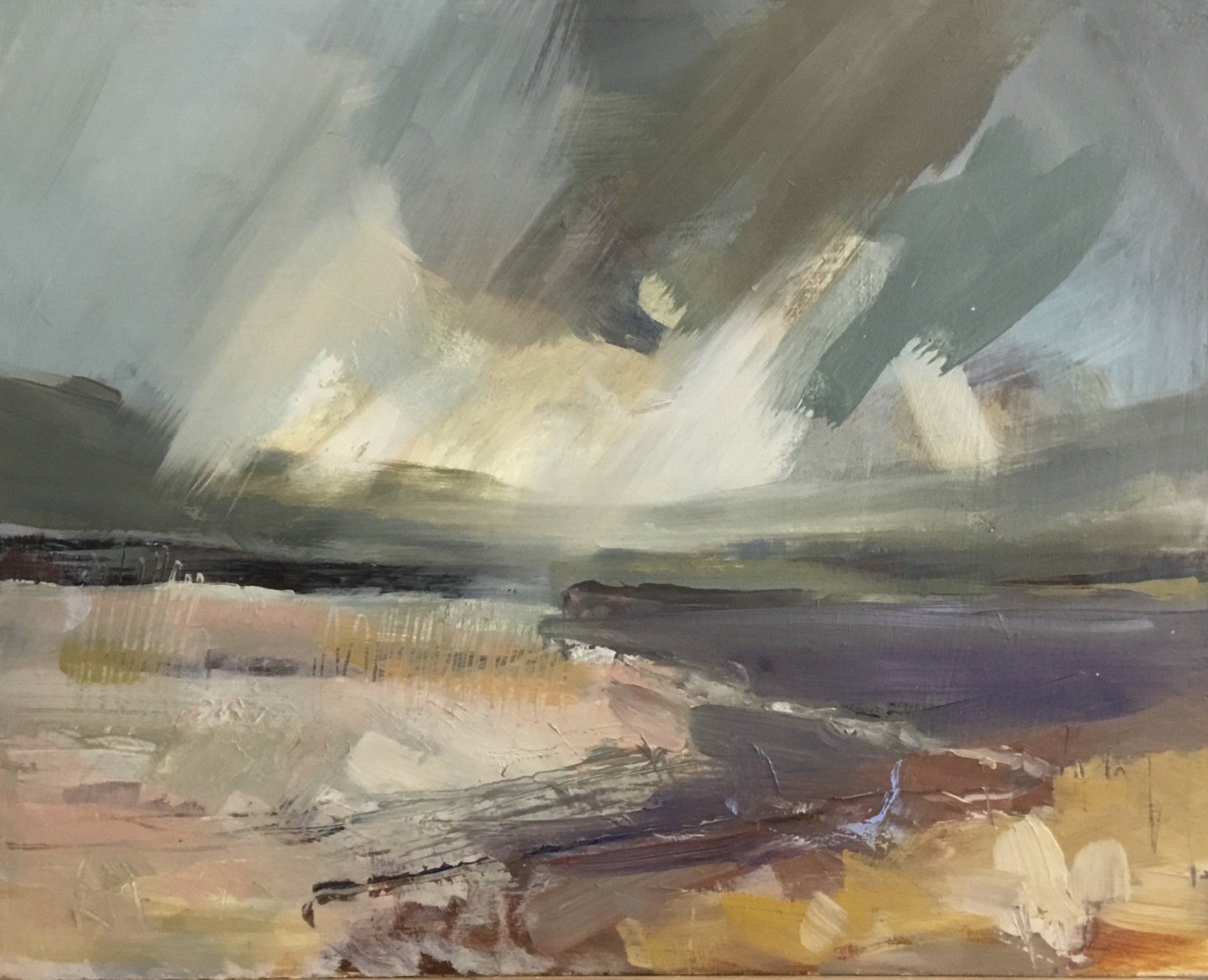 It is a painting of a landscape with a cloudy sky.