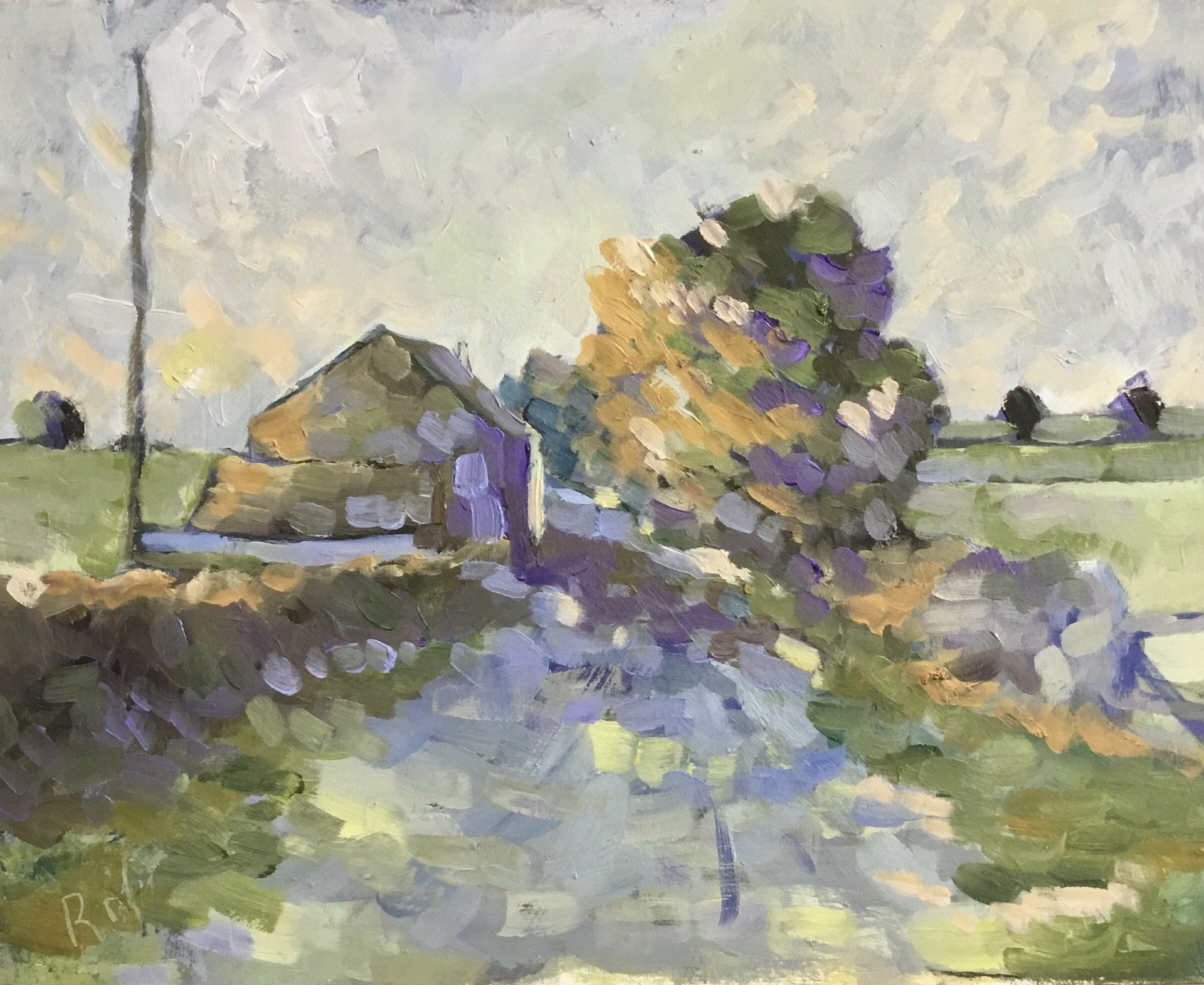It is a painting of a barn and trees in a field.
