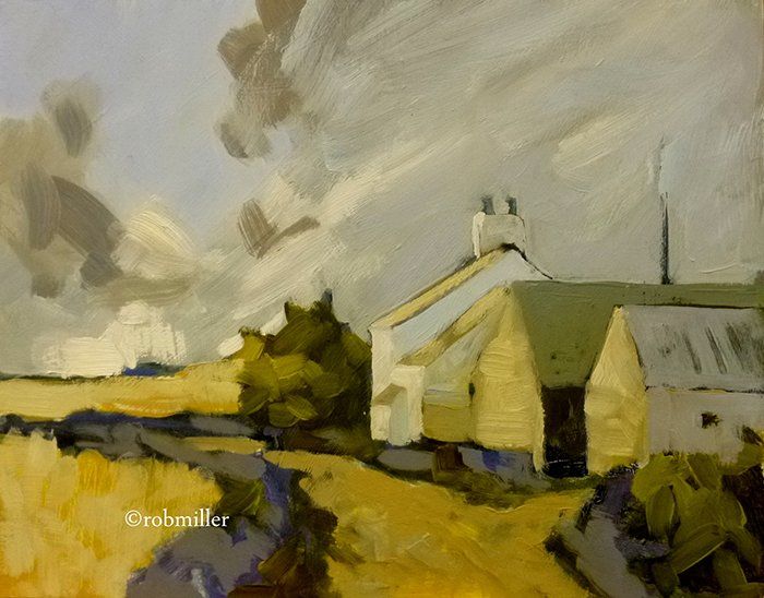 A painting of a house in the middle of a field