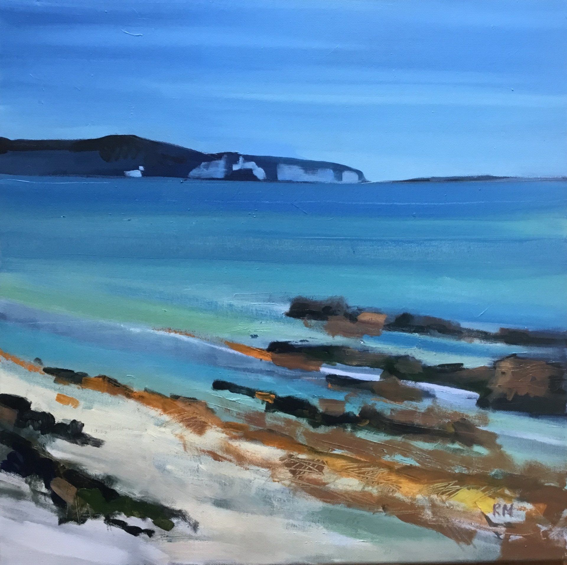 A painting of a beach with mountains in the background