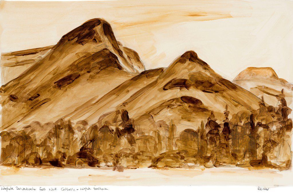 A painting of a mountain range with trees in the foreground