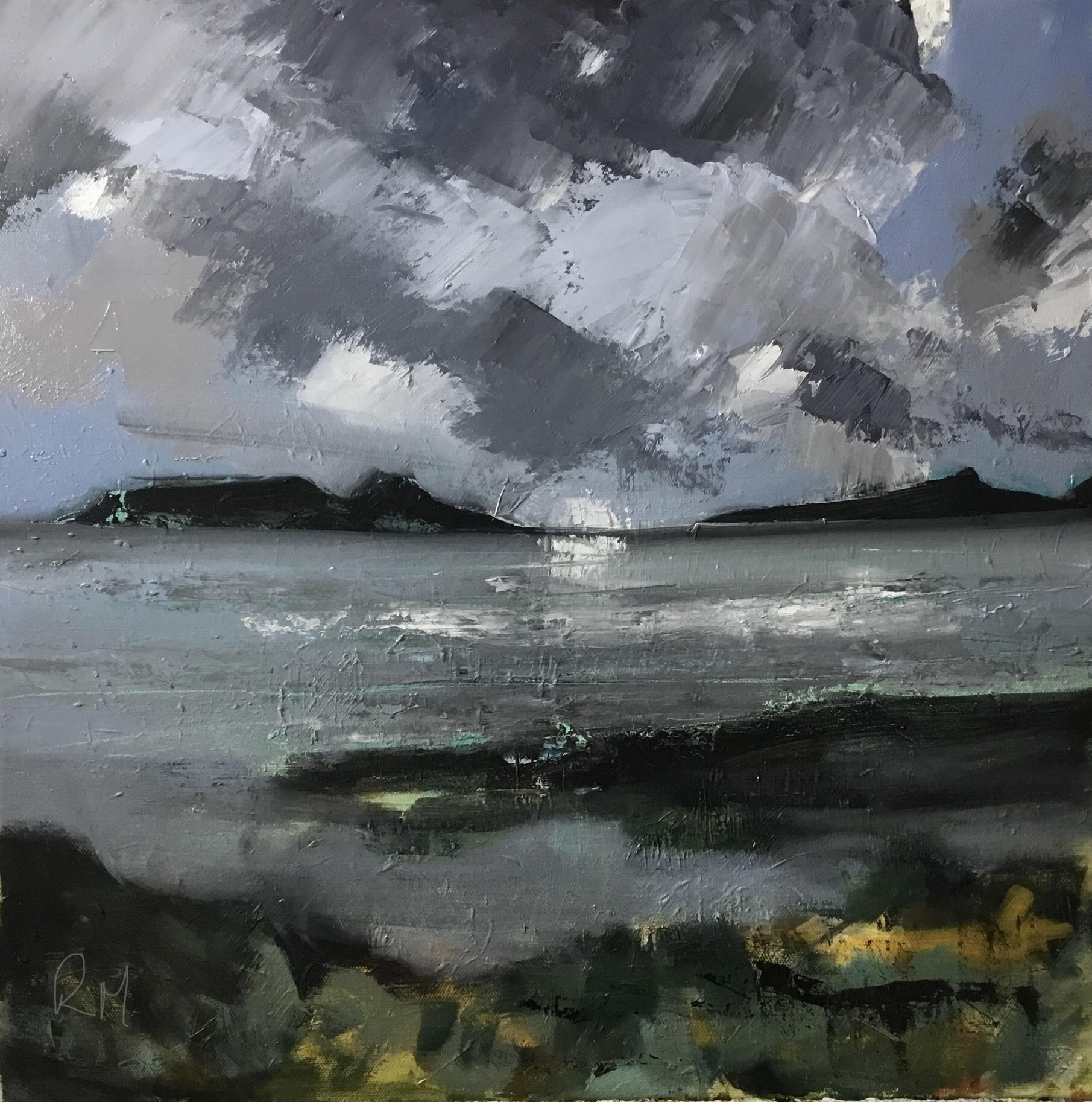 A painting of a cloudy sky over a body of water