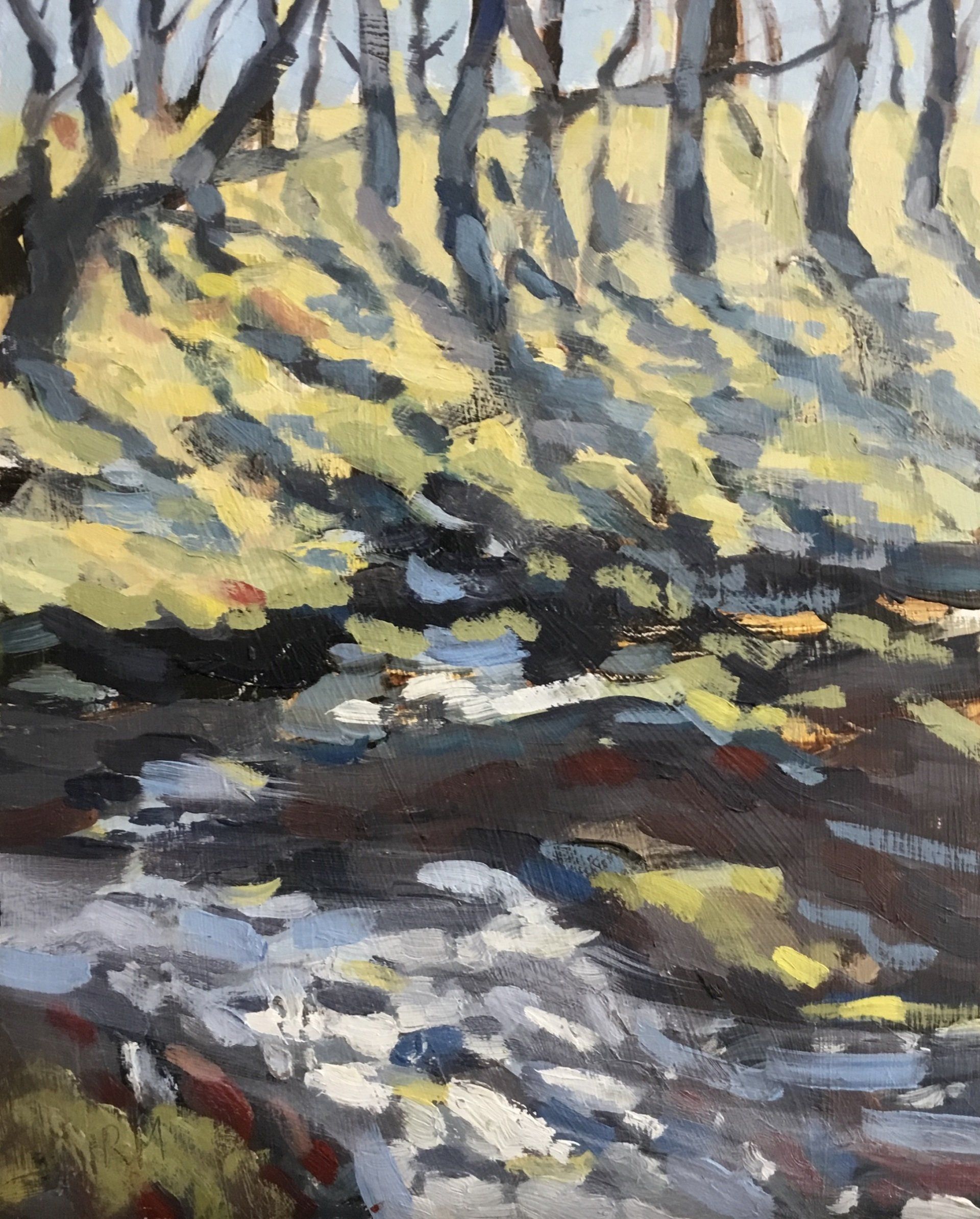 A painting of a stream running through a forest with trees in the background.