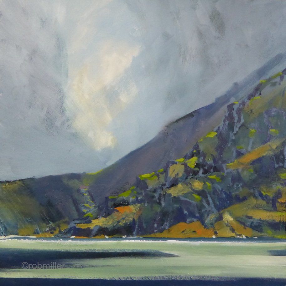 It is a painting of a lake with mountains in the background.