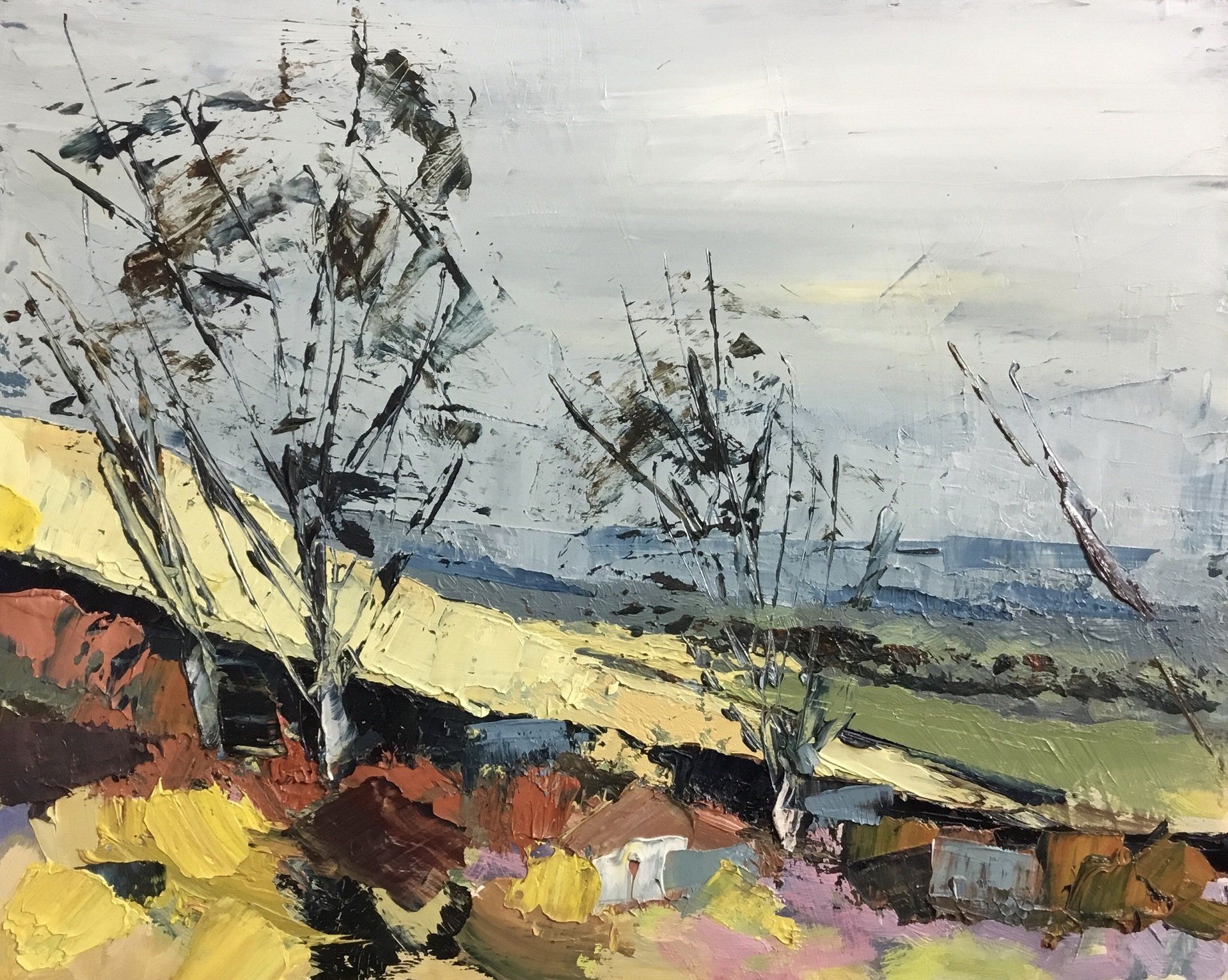 A painting of a landscape with trees and flowers