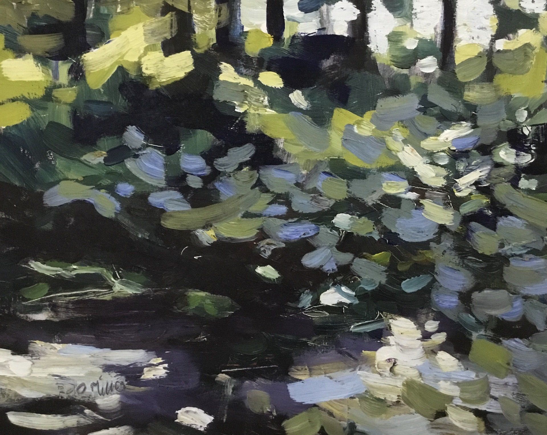 A painting of a pond with trees in the background