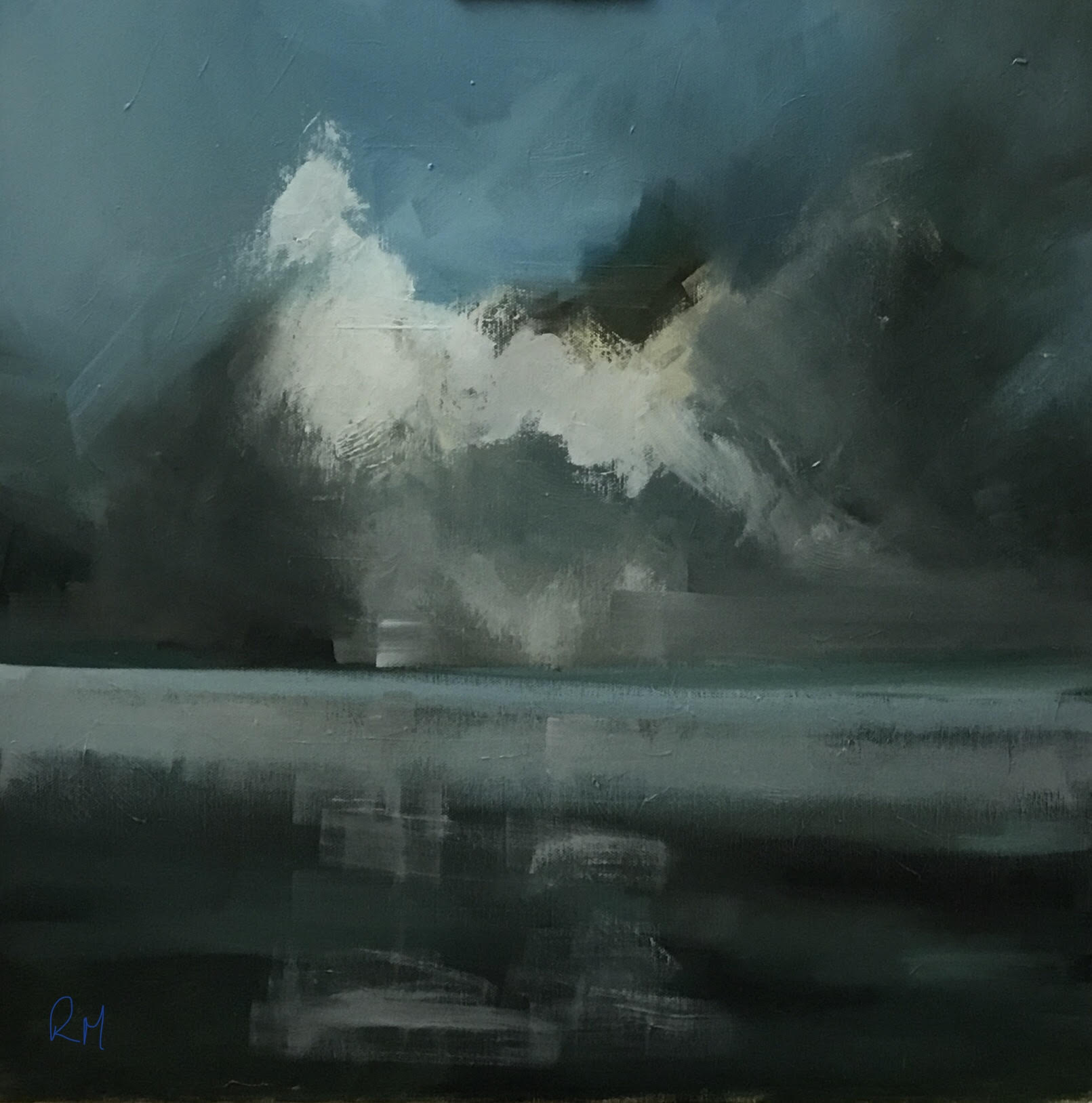 A painting of a cloudy sky over a body of water.