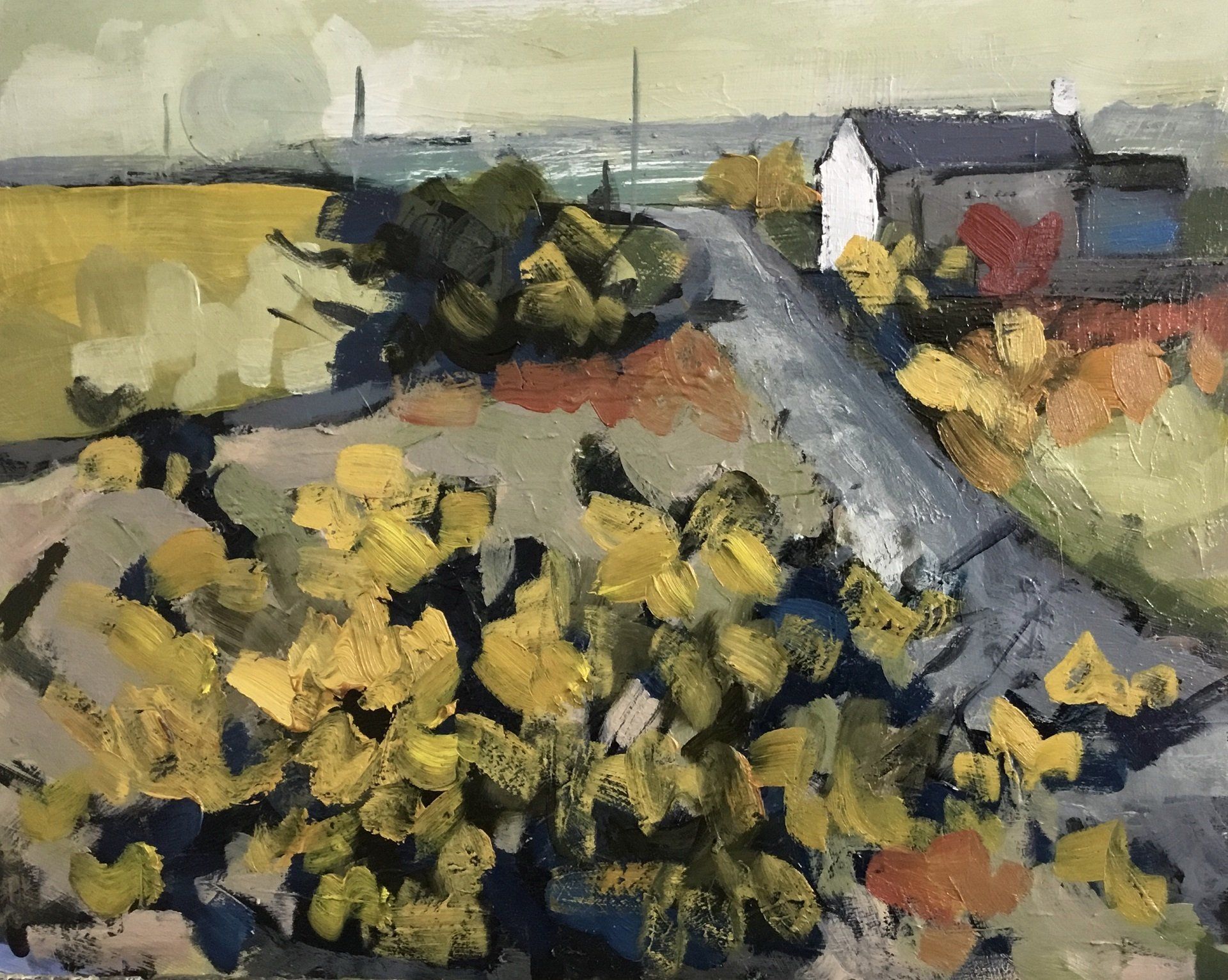 A painting of a house and a road with yellow flowers in the foreground.