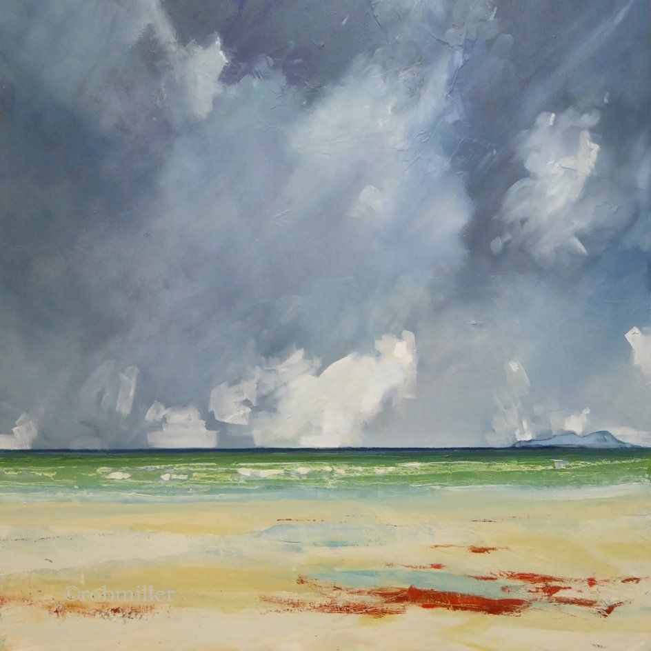A painting of a beach with a cloudy sky and the ocean in the background.