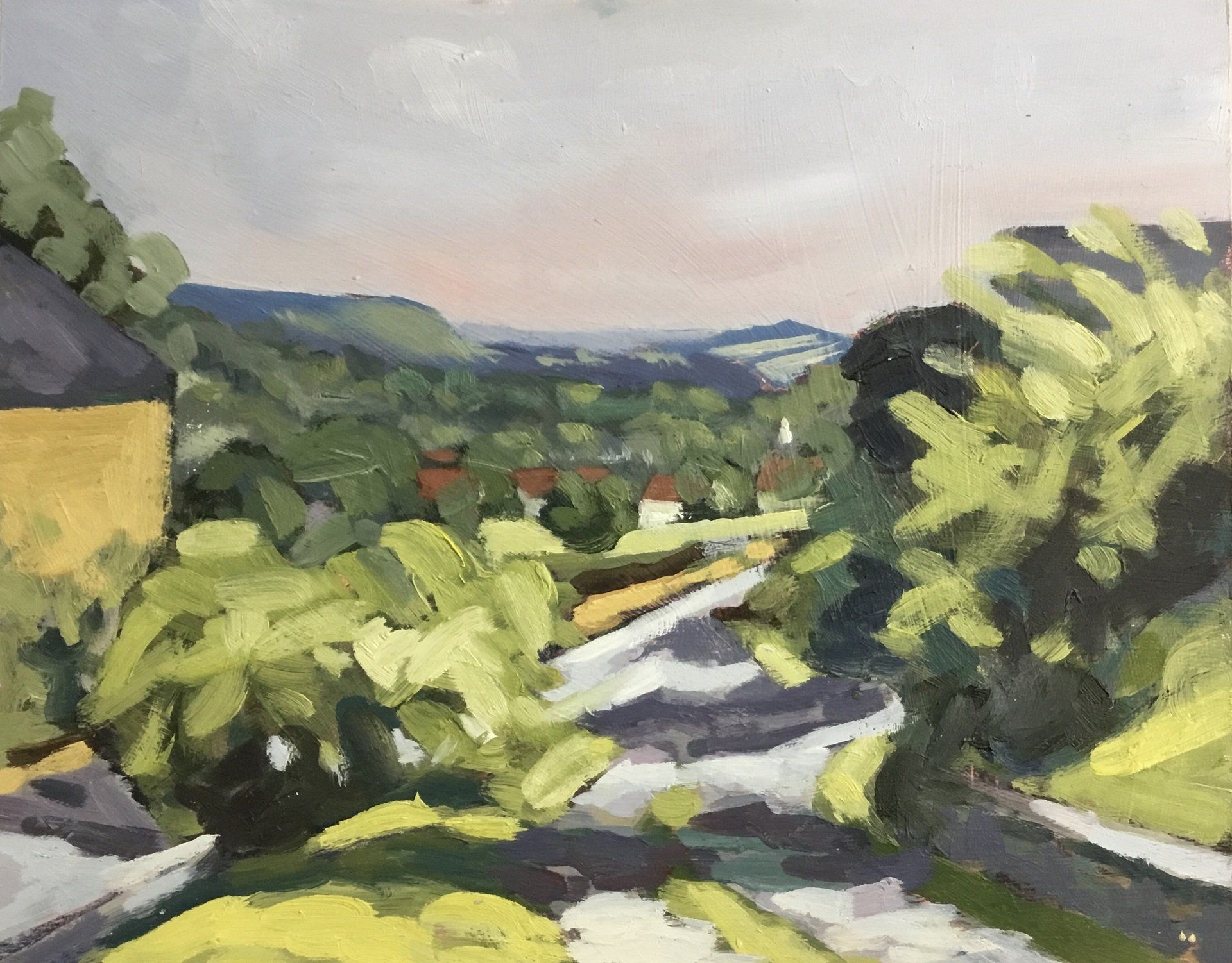 A painting of a landscape with trees and houses in the background