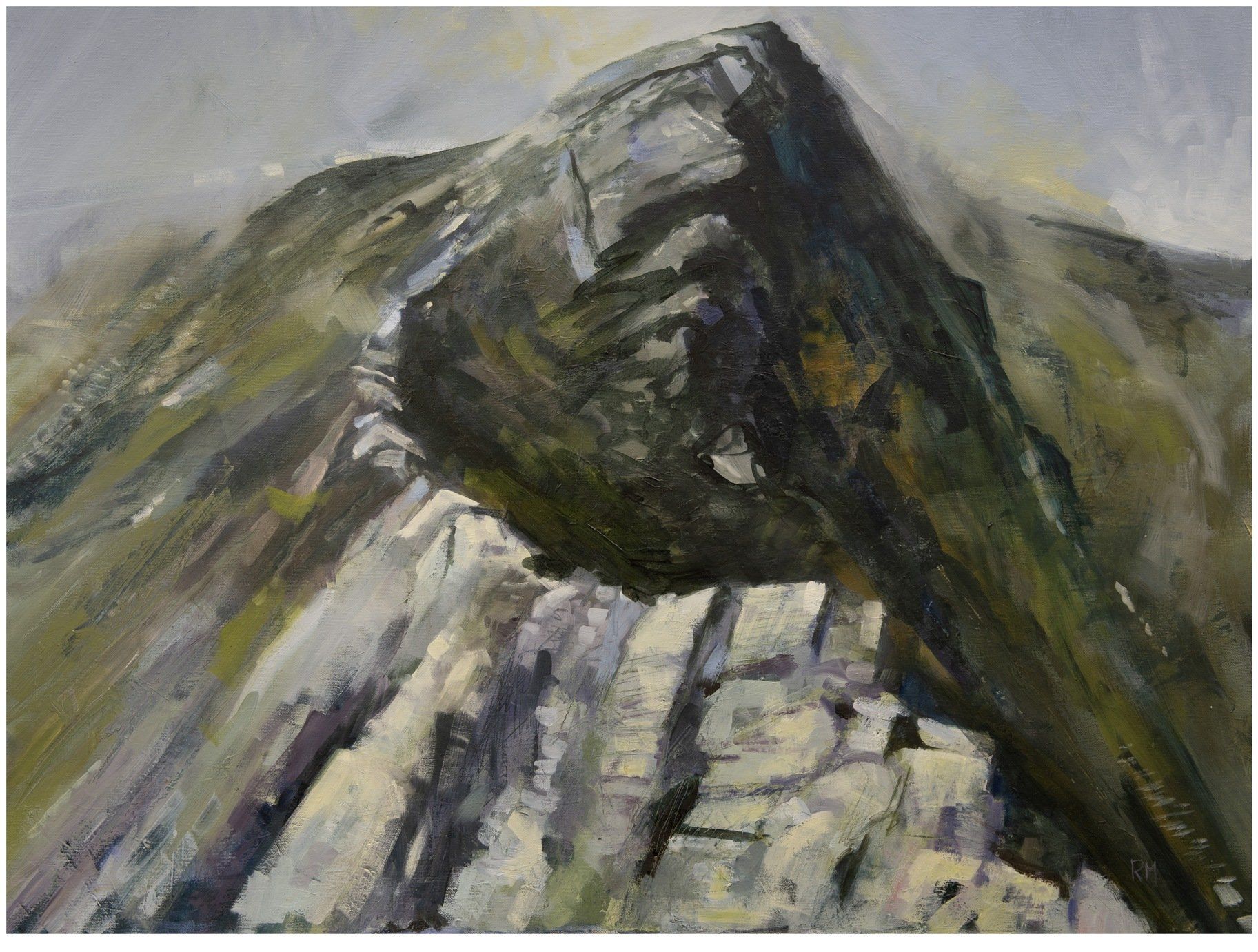 A painting of a mountain with a lot of rocks